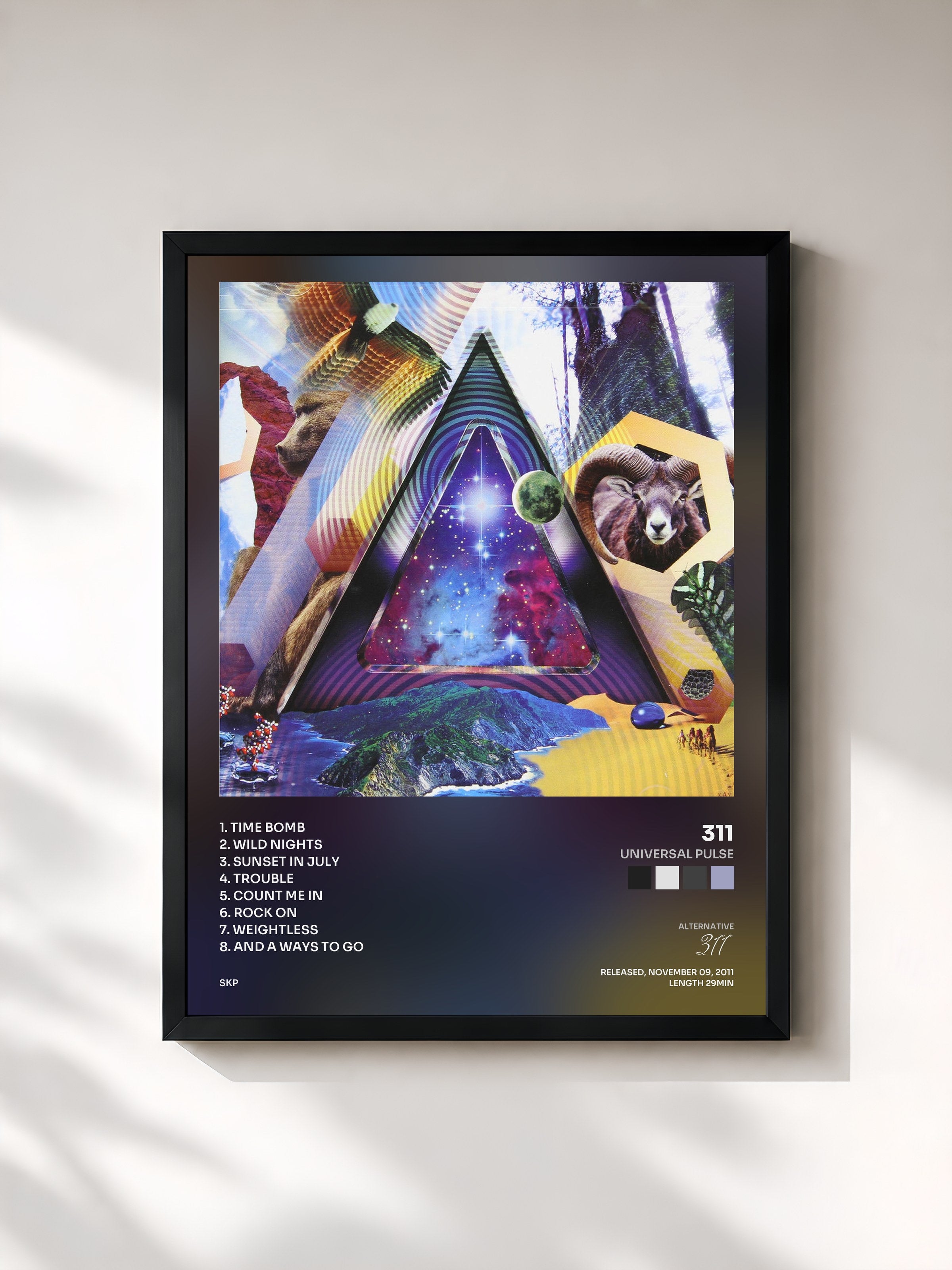 #noir Tableau de l'album Universal Pulse de 311, cadre noir, imprimé et encadré en France