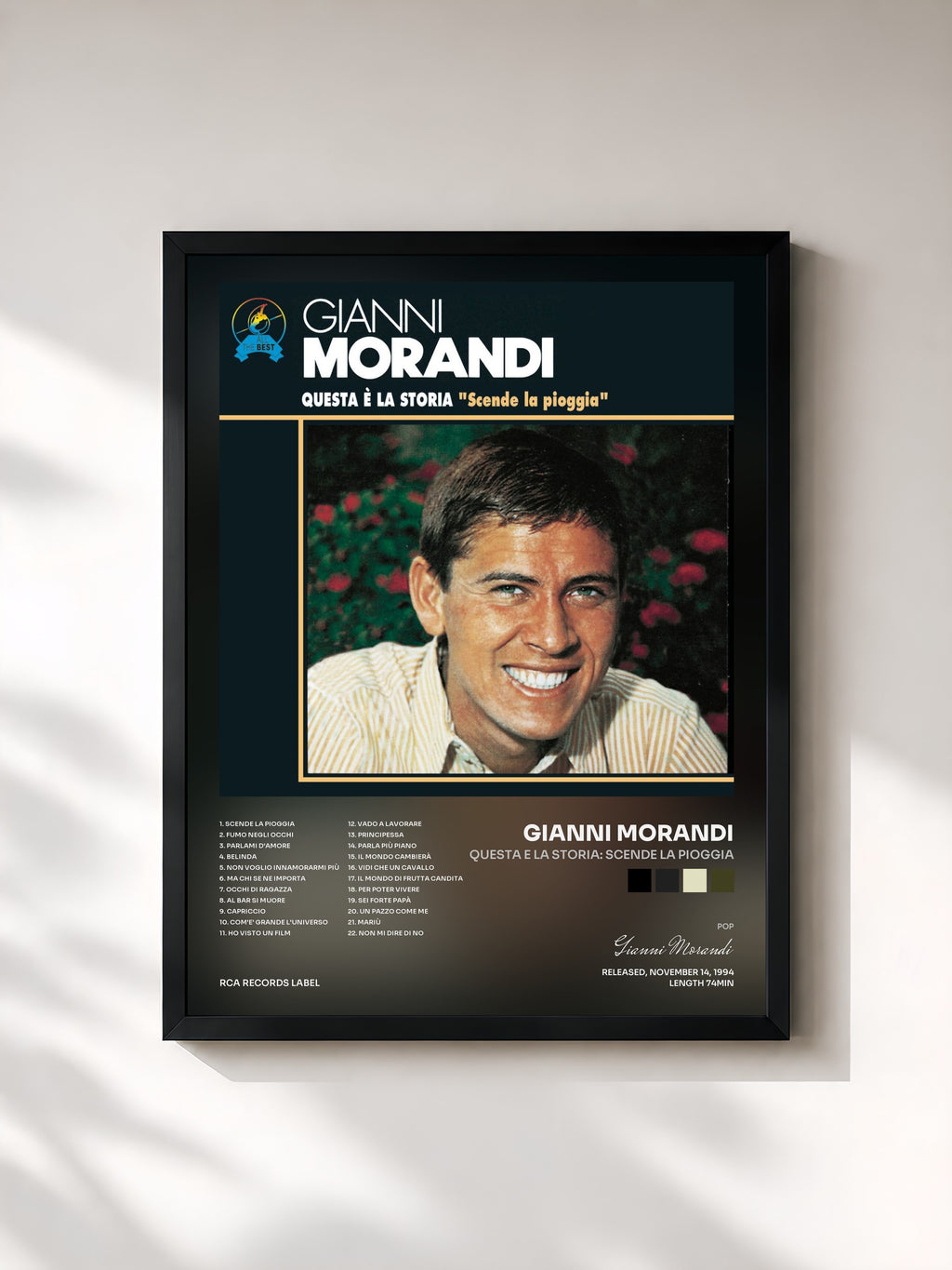 #noir Tableau de l'album Questa E La Storia: Scende La Pioggia de Gianni Morandi, cadre noir, imprimé et encadré en France