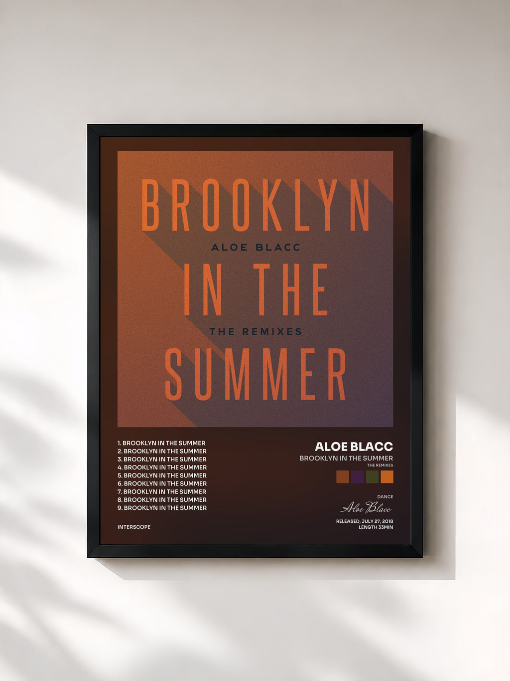 #noir Tableau de l'album Brooklyn In The Summer (The Remixes) de Aloe Blacc, cadre noir, imprimé et encadré en France
