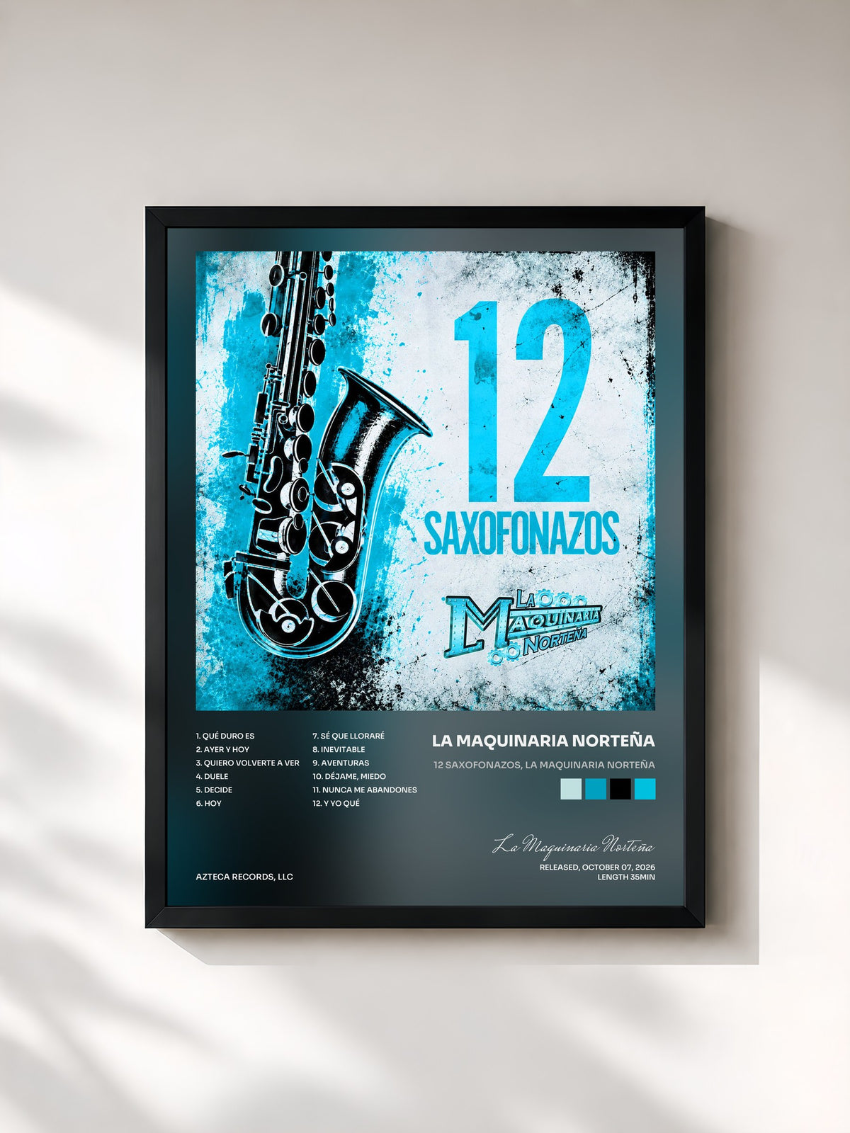 #noir Tableau de l'album 12 Saxofonazos, La Maquinaria Norteña de La Maquinaria Norteña, cadre noir, imprimé et encadré en France
