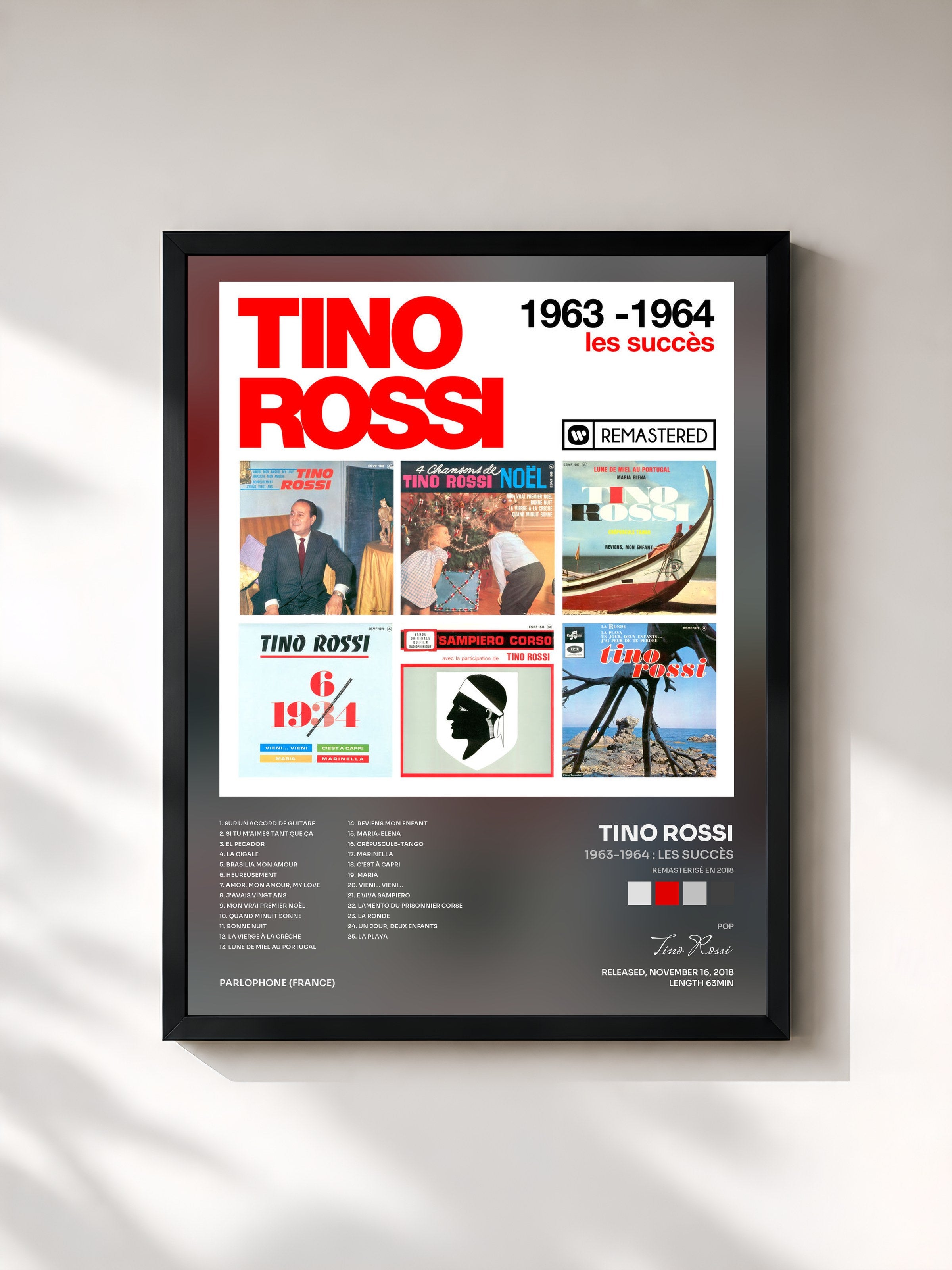 #noir Tableau de l'album 1963-1964 : Les succès (Remasterisé en 2018) de Tino Rossi, cadre noir, imprimé et encadré en France