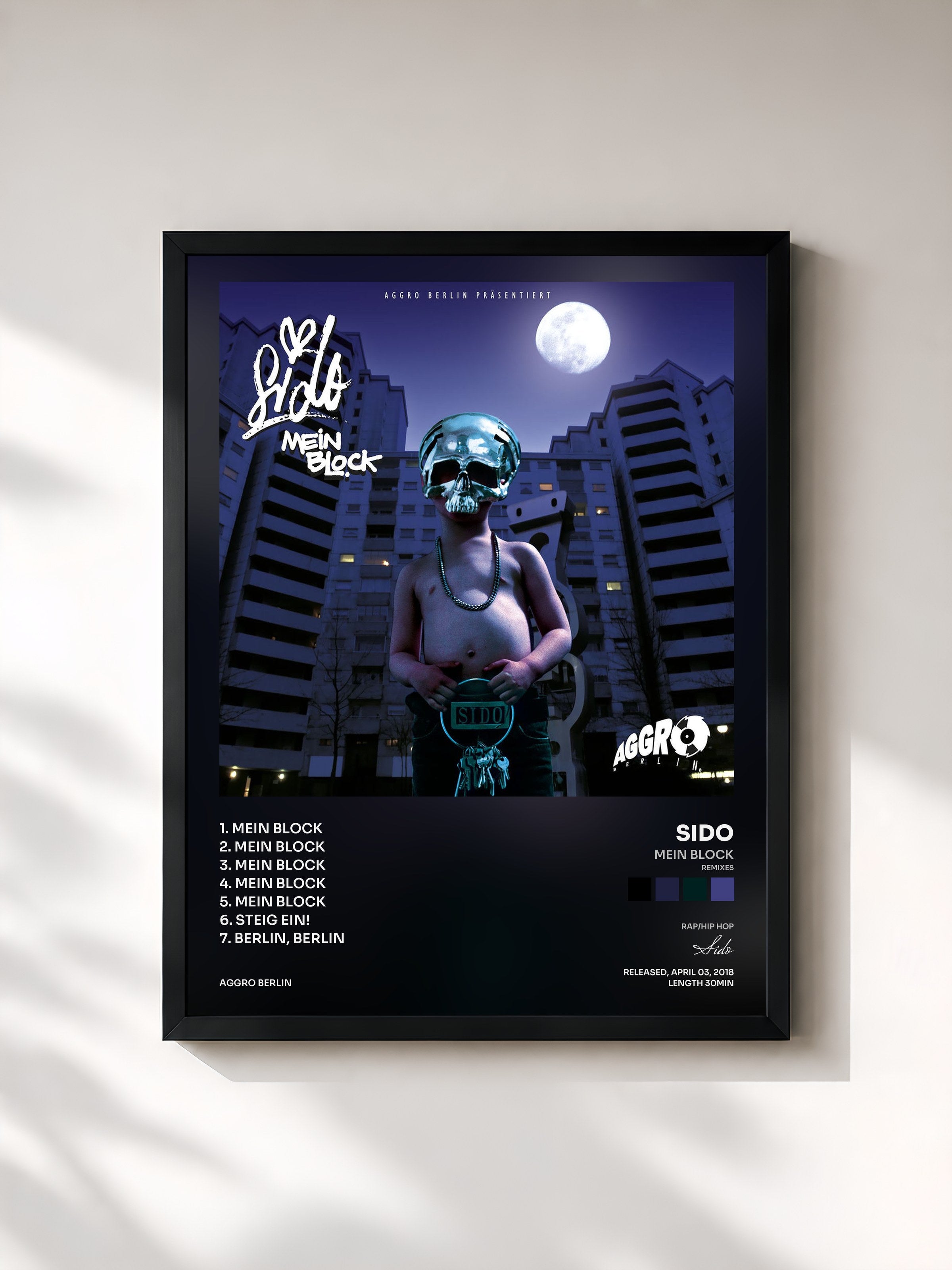 #noir Tableau de l'album Mein Block (Remixes) de Sido, cadre noir, imprimé et encadré en France
