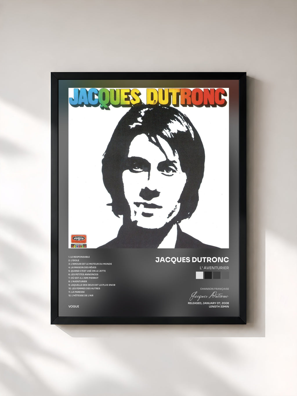 #noir Tableau de l'album L' aventurier de Jacques Dutronc, cadre noir, imprimé et encadré en France