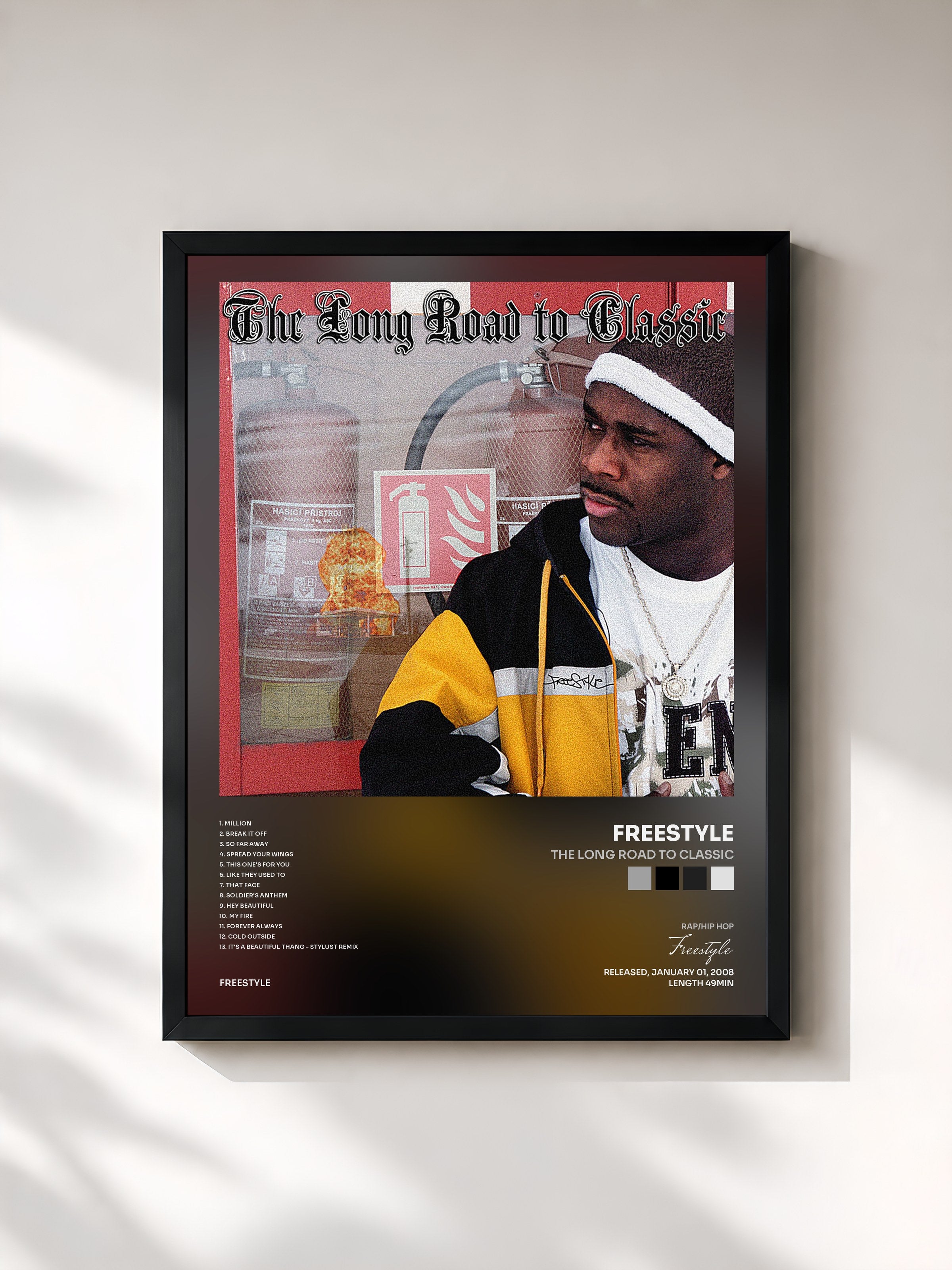 #noir Tableau de l'album The Long Road to Classic de Freestyle, cadre noir, imprimé et encadré en France