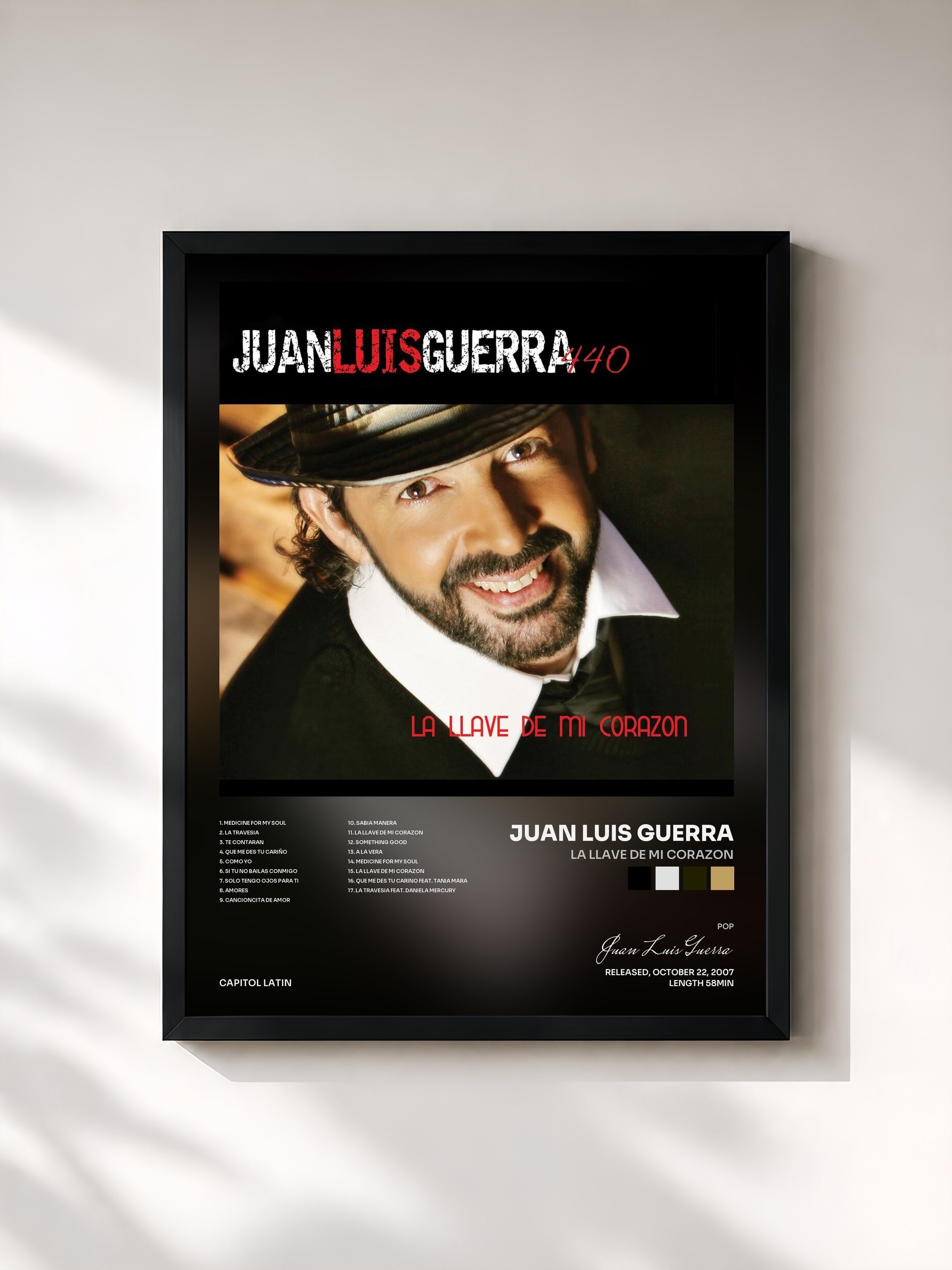 #noir Tableau de l'album La Llave De Mi Corazon de Juan Luis Guerra, cadre noir, imprimé et encadré en France
