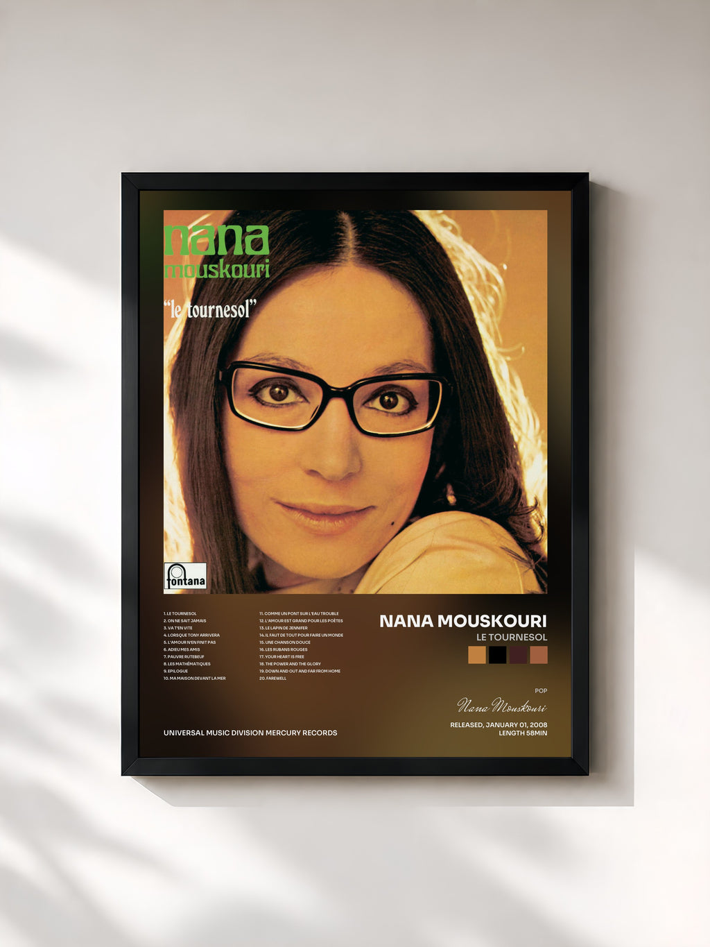 #noir Tableau de l'album Le Tournesol de Nana Mouskouri, cadre noir, imprimé et encadré en France