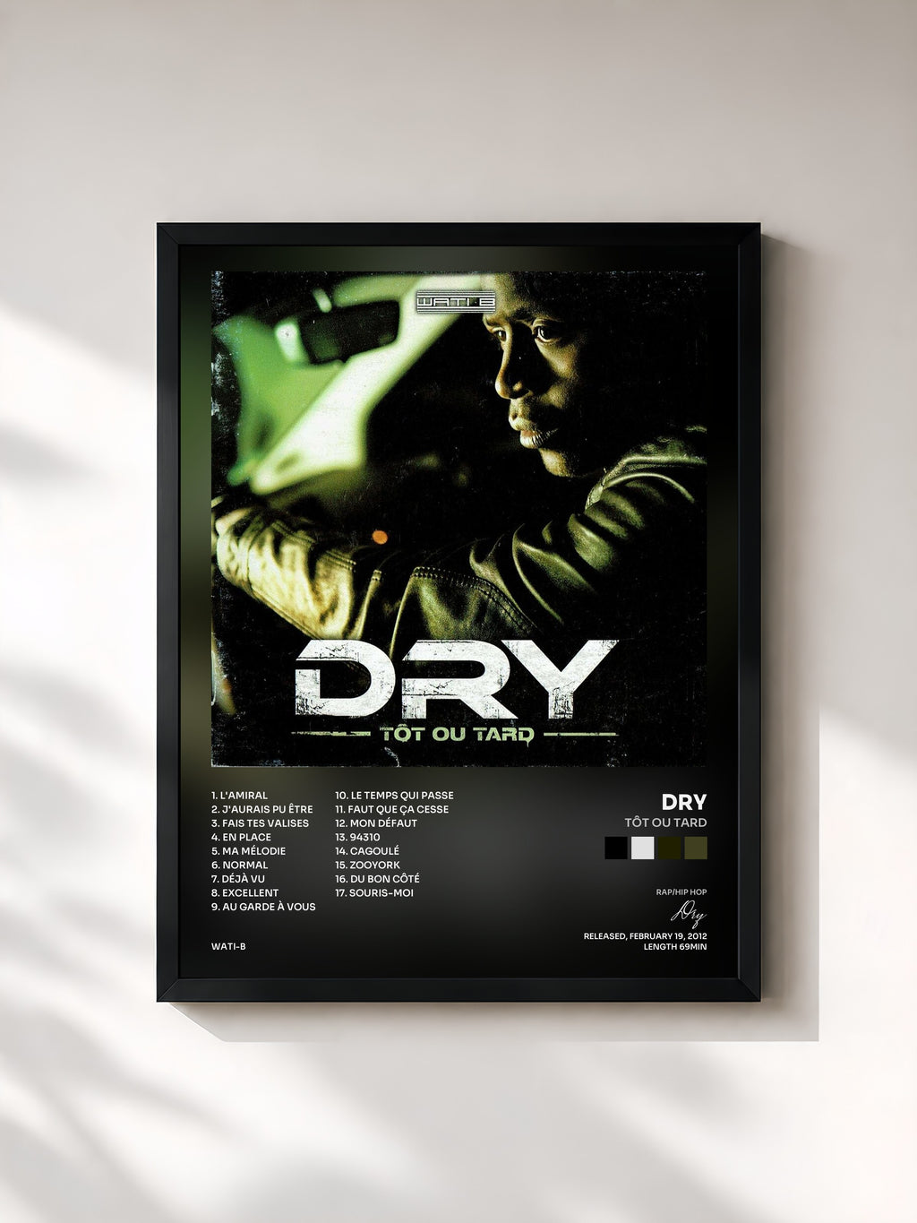#noir Tableau de l'album Tôt ou tard de Dry, cadre noir, imprimé et encadré en France