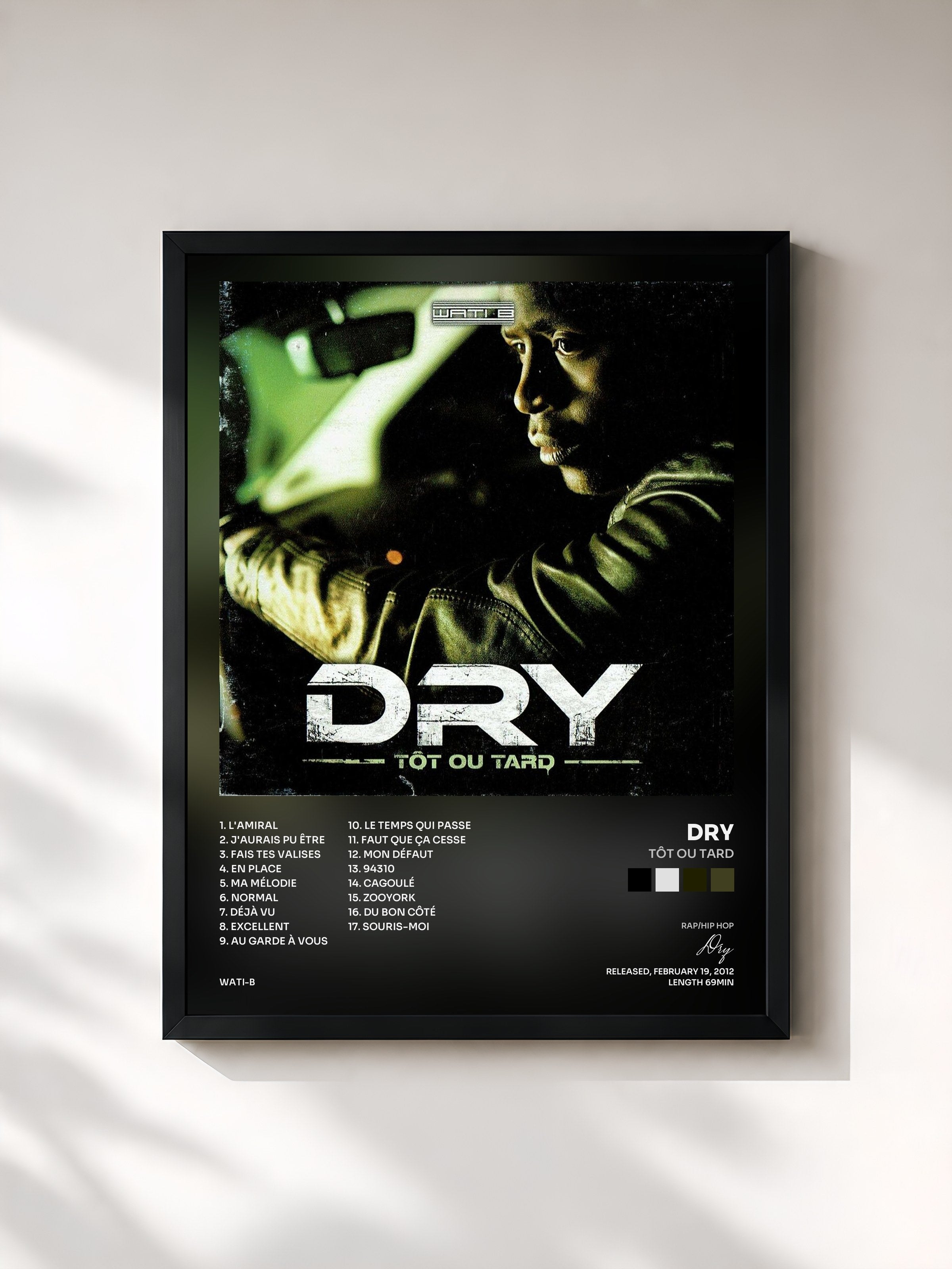 #noir Tableau de l'album Tôt ou tard de Dry, cadre noir, imprimé et encadré en France