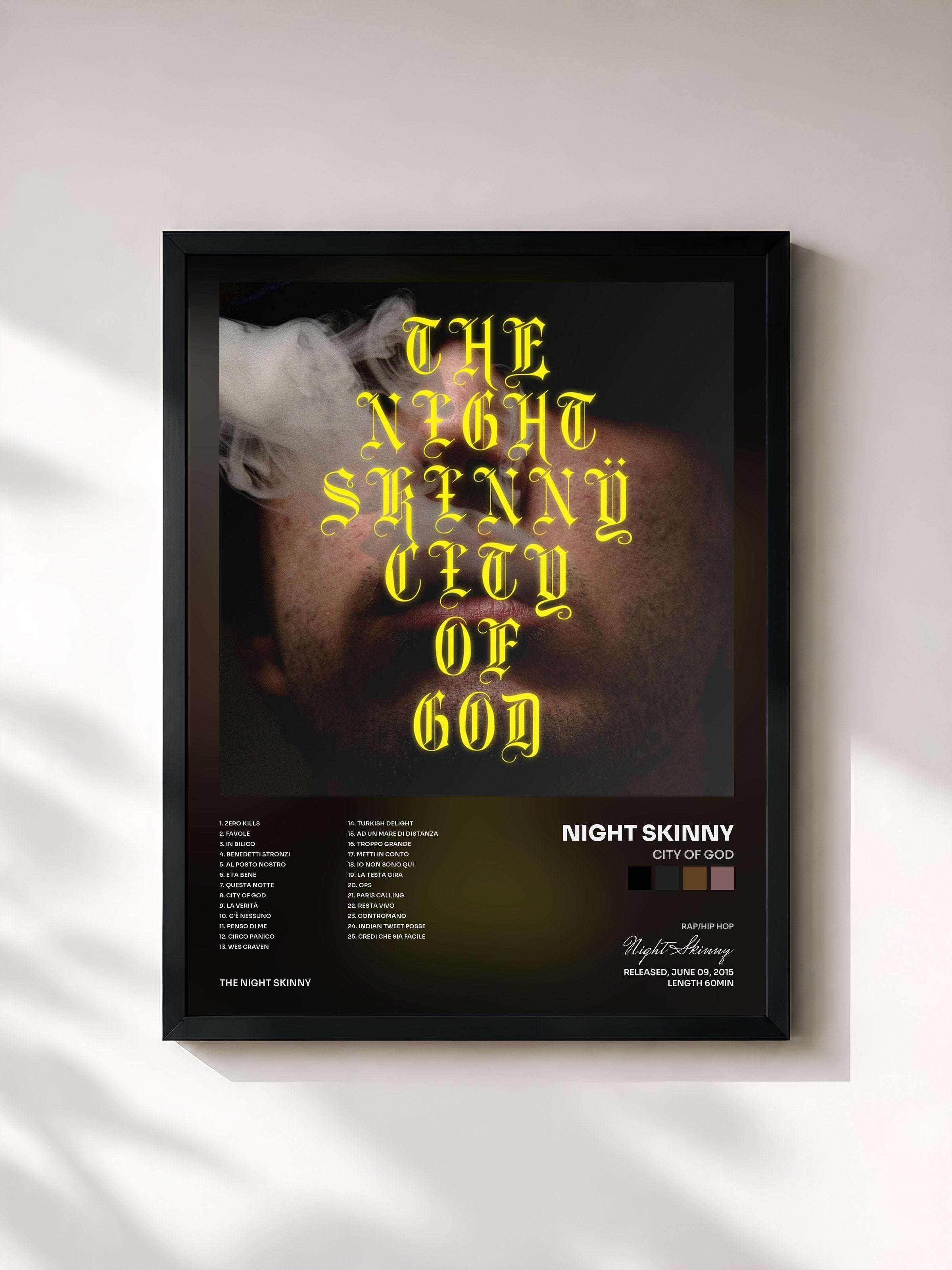 #noir Tableau de l'album City Of God de Night Skinny, cadre noir, imprimé et encadré en France