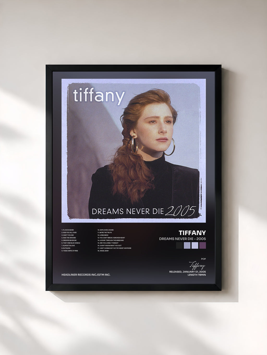 #noir Tableau de l'album Dreams Never Die - 2005 de Tiffany, cadre noir, imprimé et encadré en France