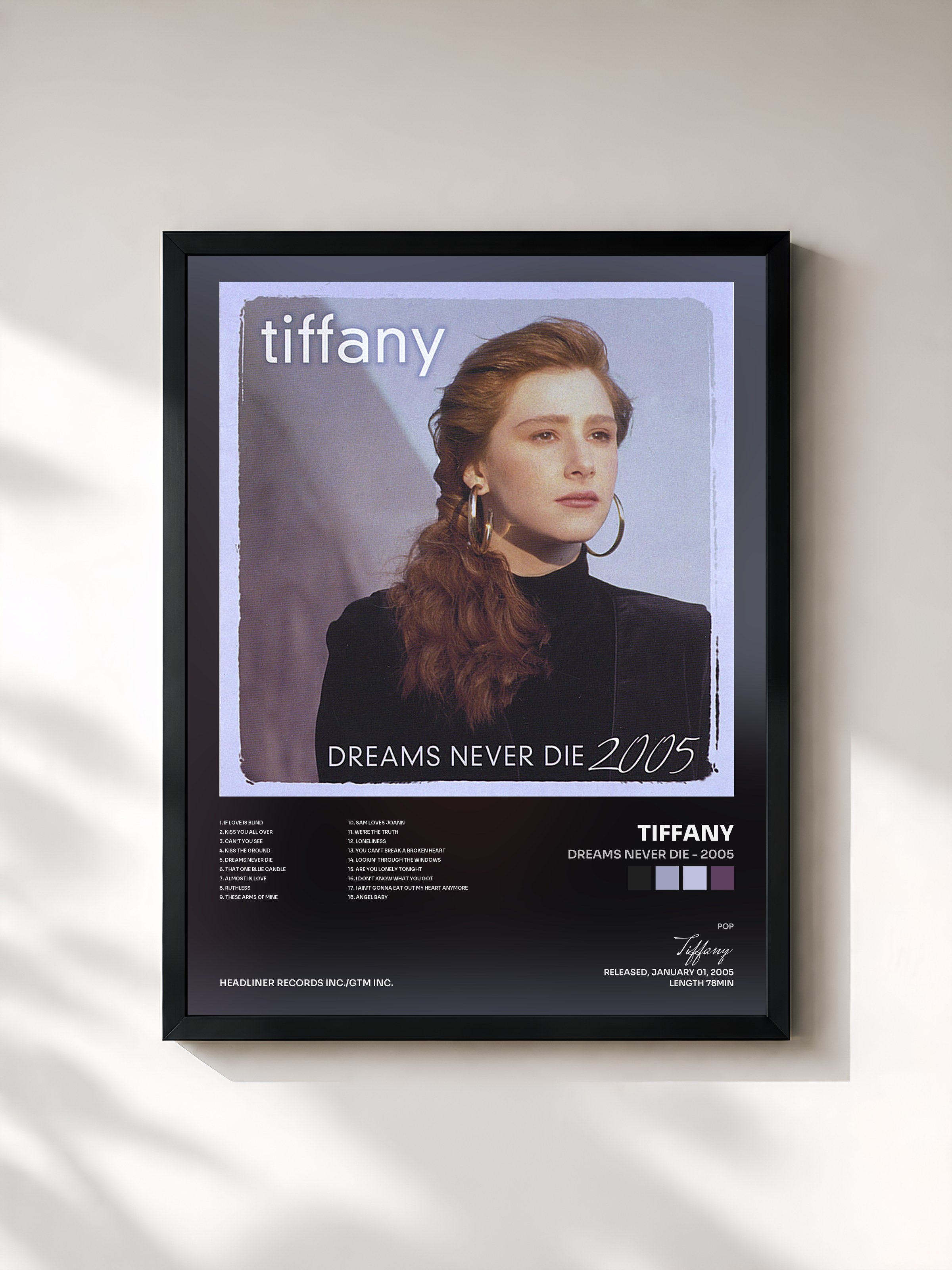 #noir Tableau de l'album Dreams Never Die - 2005 de Tiffany, cadre noir, imprimé et encadré en France