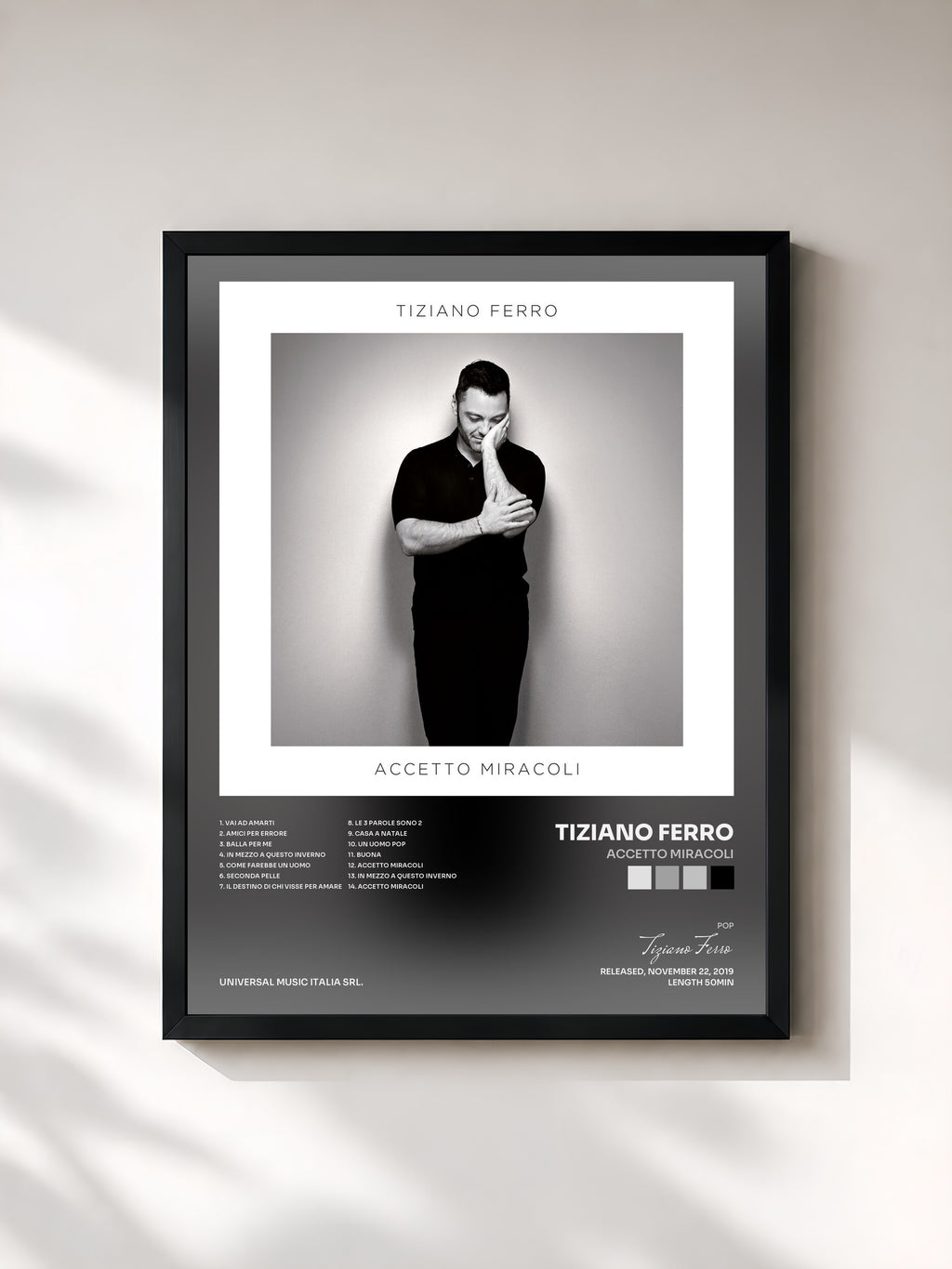 #noir Tableau de l'album Accetto Miracoli de Tiziano Ferro, cadre noir, imprimé et encadré en France