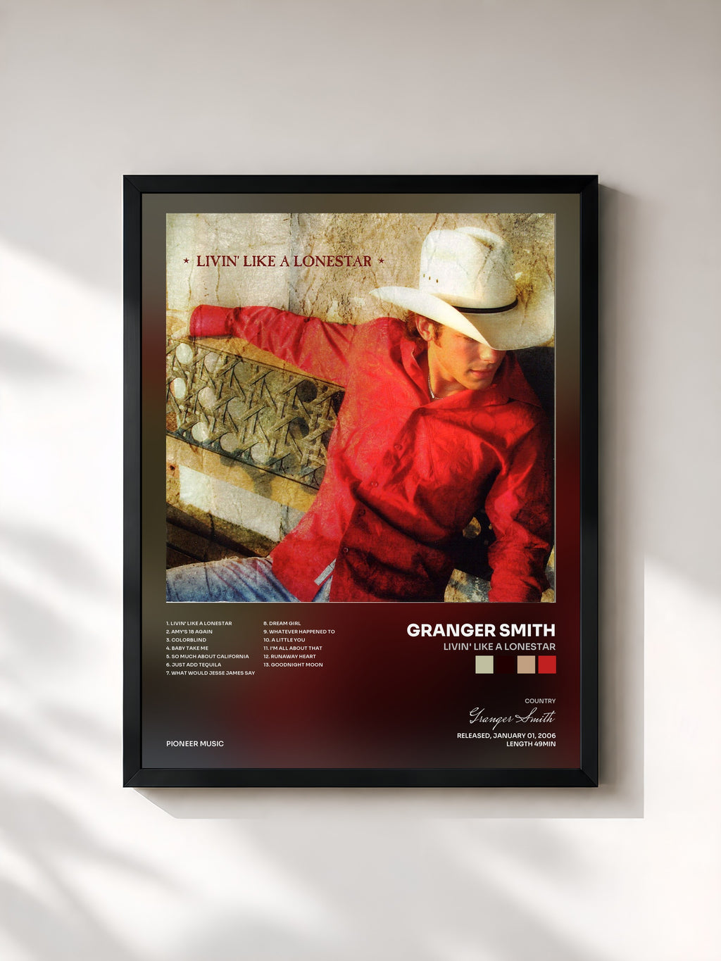 #noir Tableau de l'album Livin' Like a Lonestar de Granger Smith, cadre noir, imprimé et encadré en France