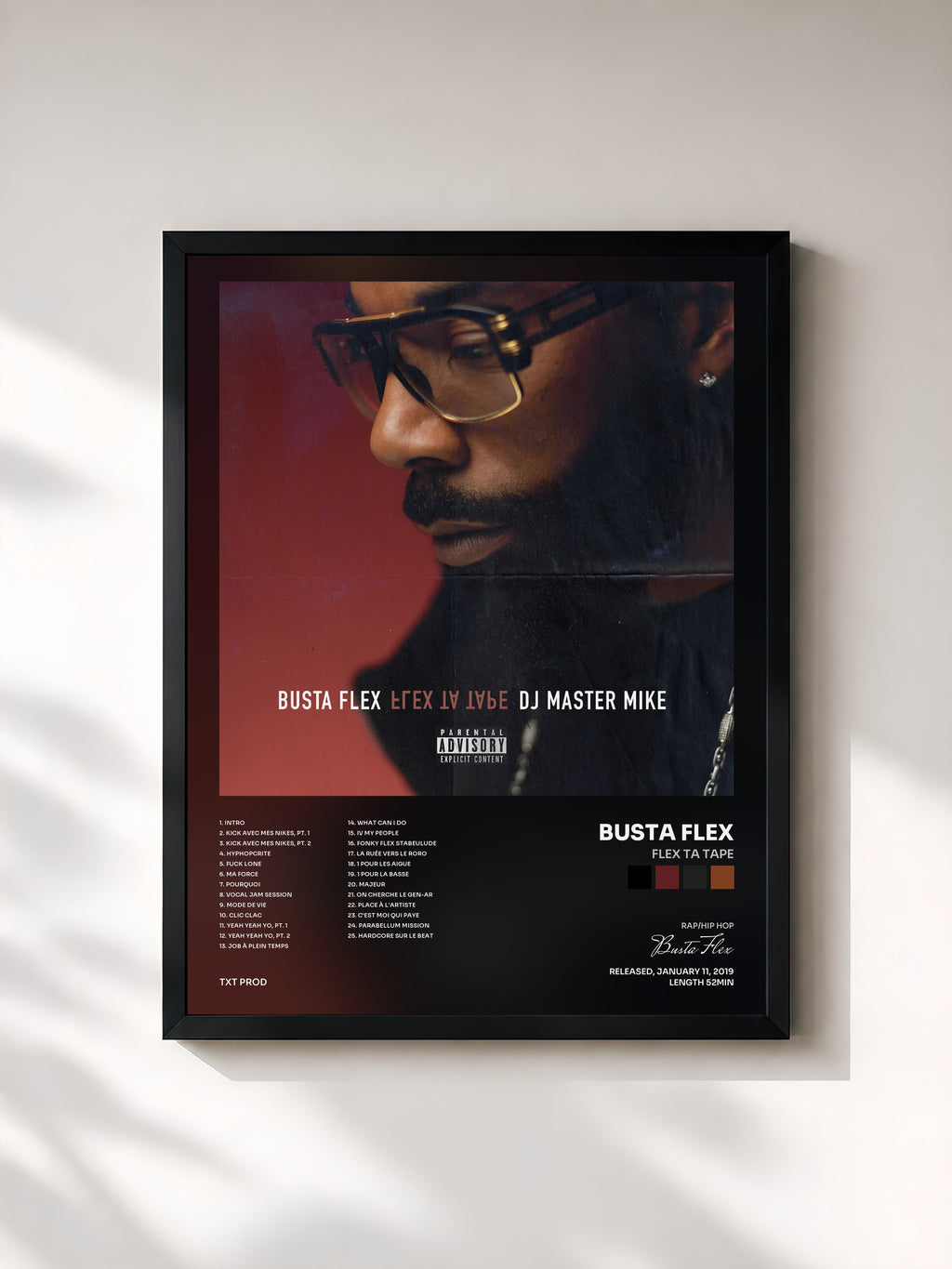 #noir Tableau de l'album Flex Ta Tape de Busta Flex, cadre noir, imprimé et encadré en France