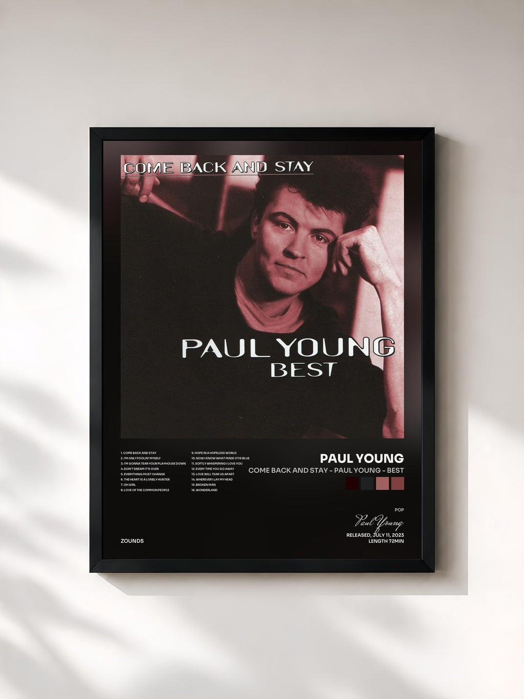 #noir Tableau de l'album Come Back and Stay - Paul Young - Best de Paul Young, cadre noir, imprimé et encadré en France