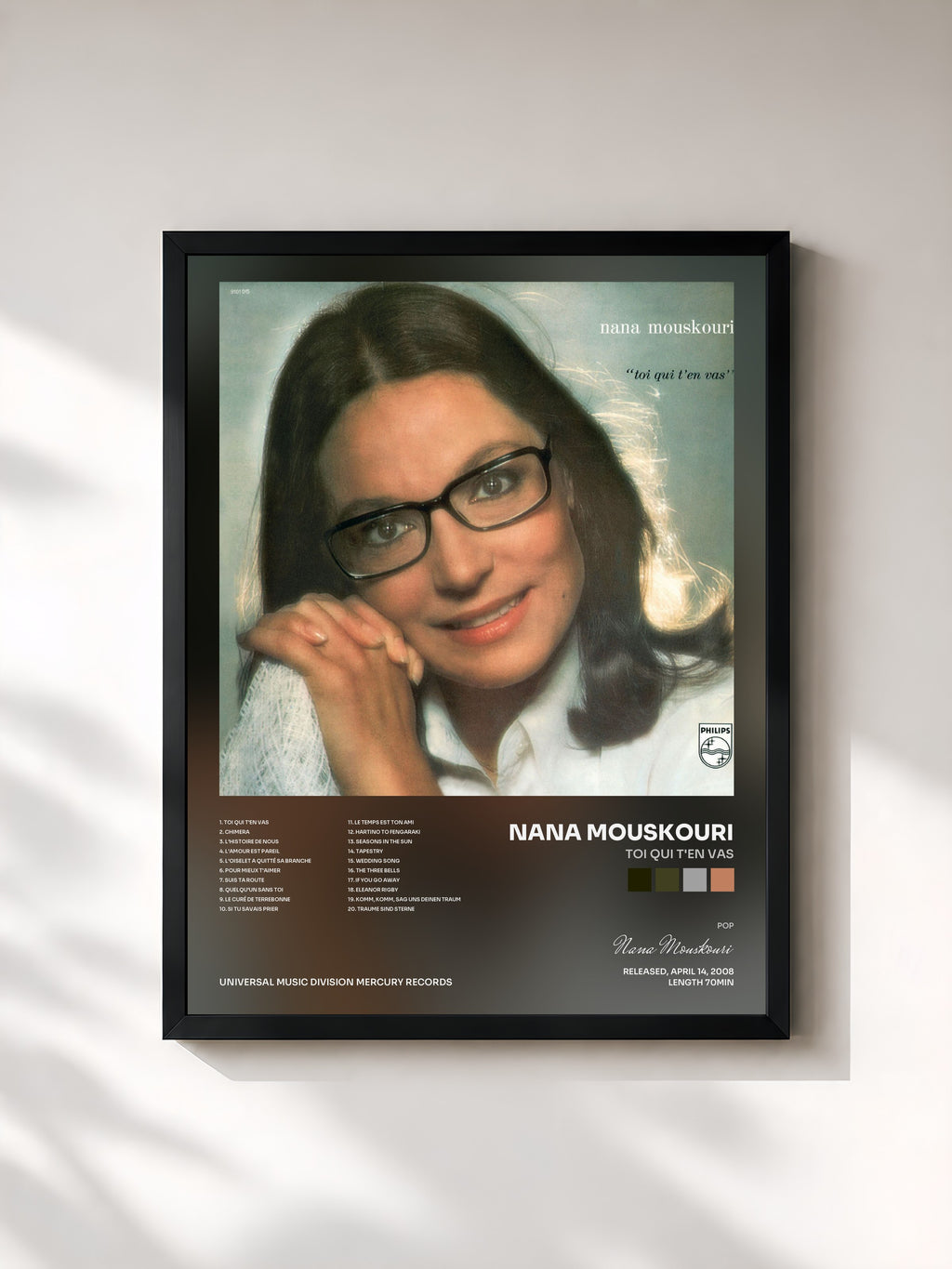 #noir Tableau de l'album Toi Qui T'En Vas de Nana Mouskouri, cadre noir, imprimé et encadré en France
