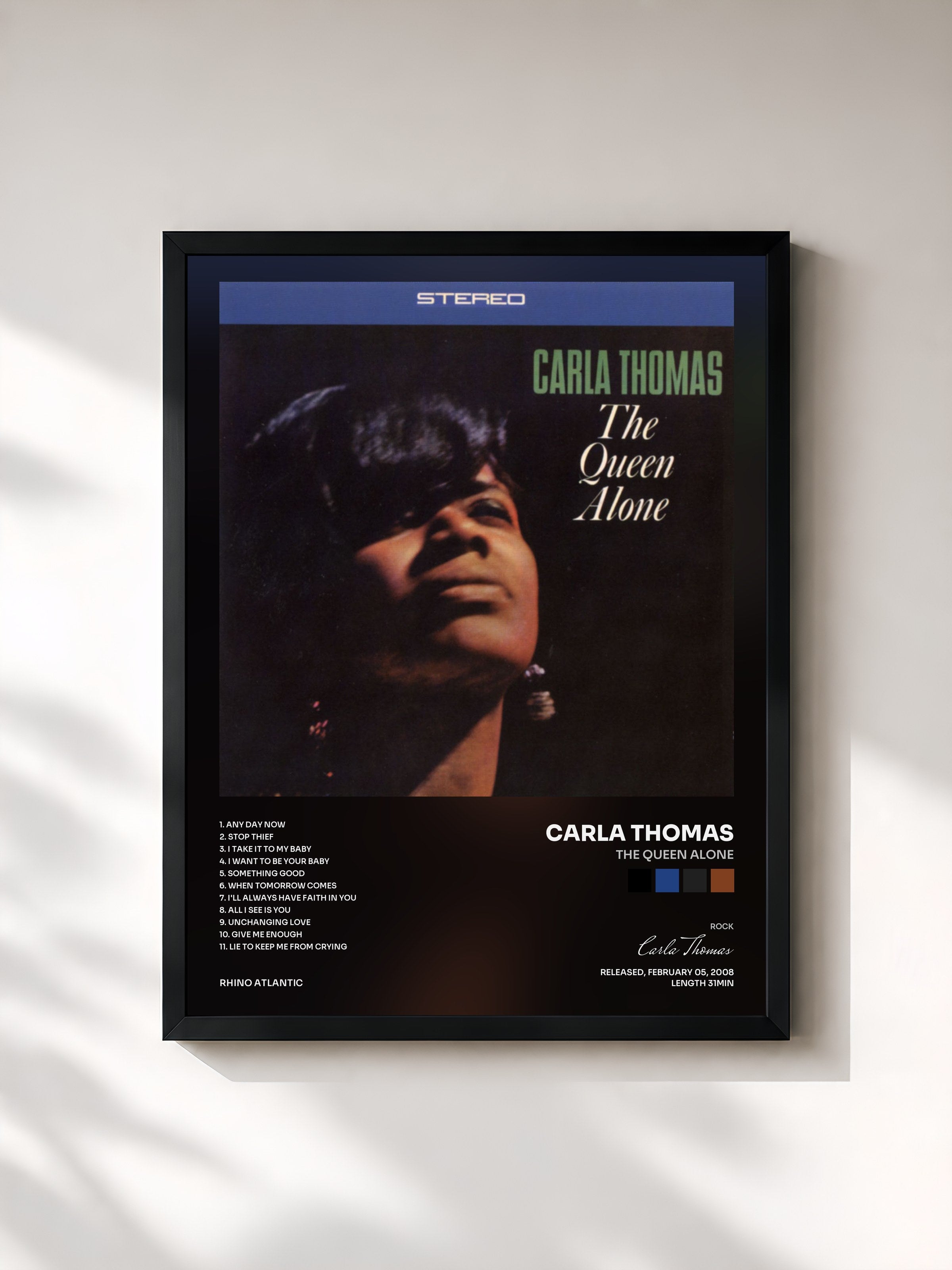 #noir Tableau de l'album The Queen Alone de Carla Thomas, cadre noir, imprimé et encadré en France