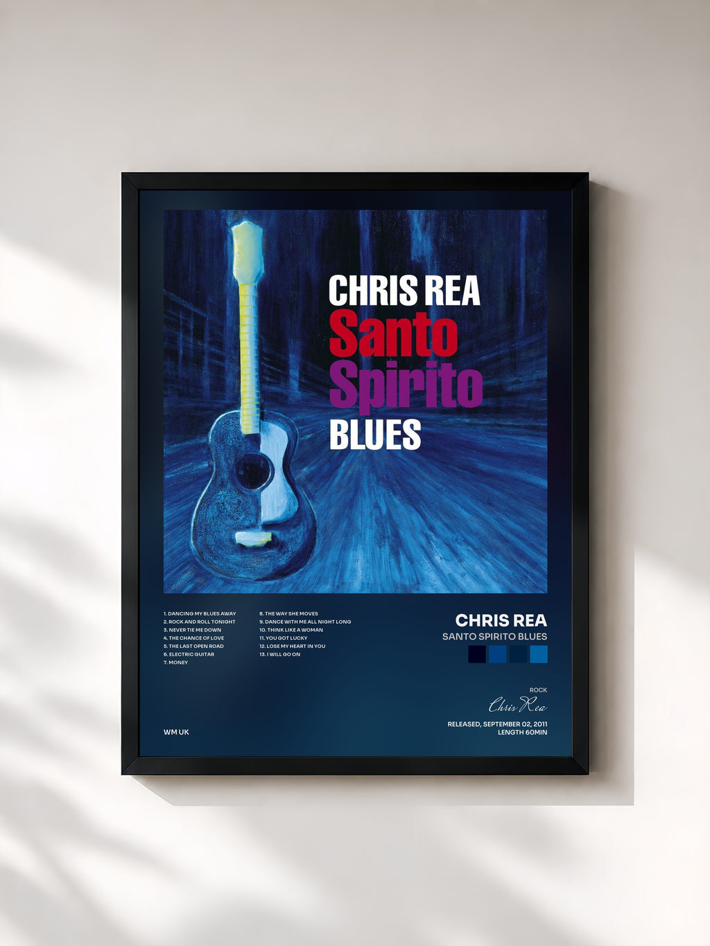 #noir Tableau de l'album Santo Spirito Blues de Chris Rea, cadre noir, imprimé et encadré en France