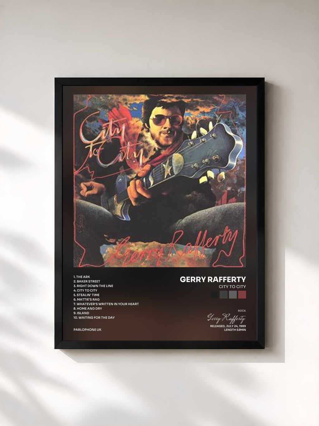 #noir Tableau de l'album City to City de Gerry Rafferty, cadre noir, imprimé et encadré en France