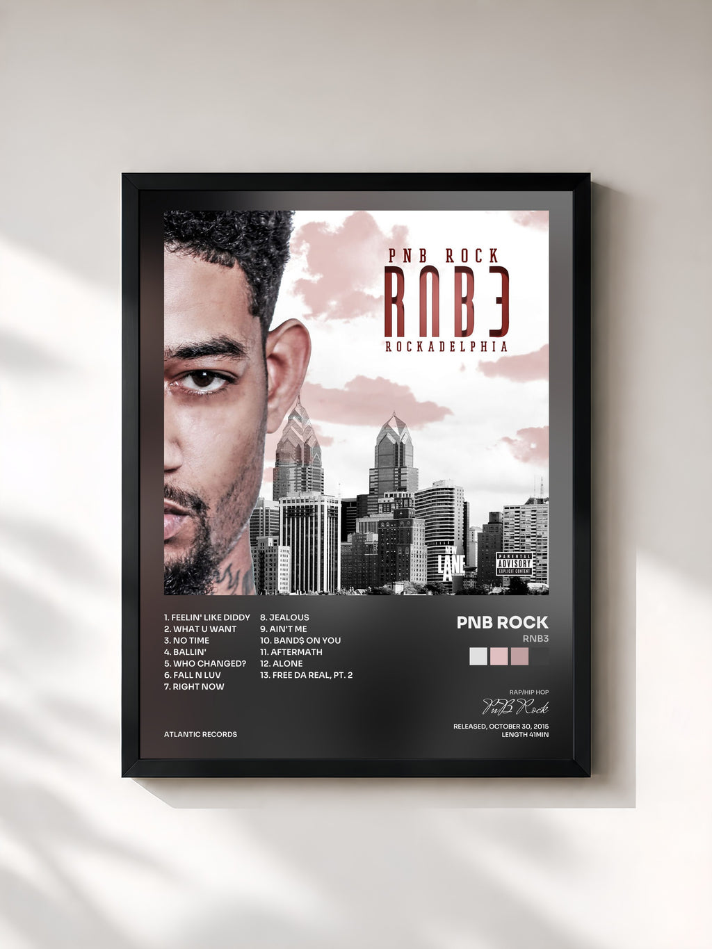 #noir Tableau de l'album RNB3 de PnB Rock, cadre noir, imprimé et encadré en France