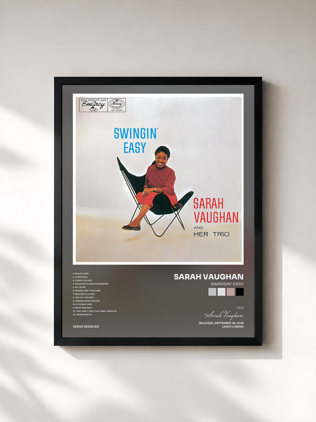 #noir Tableau de l'album Swingin' Easy de Sarah Vaughan, cadre noir, imprimé et encadré en France