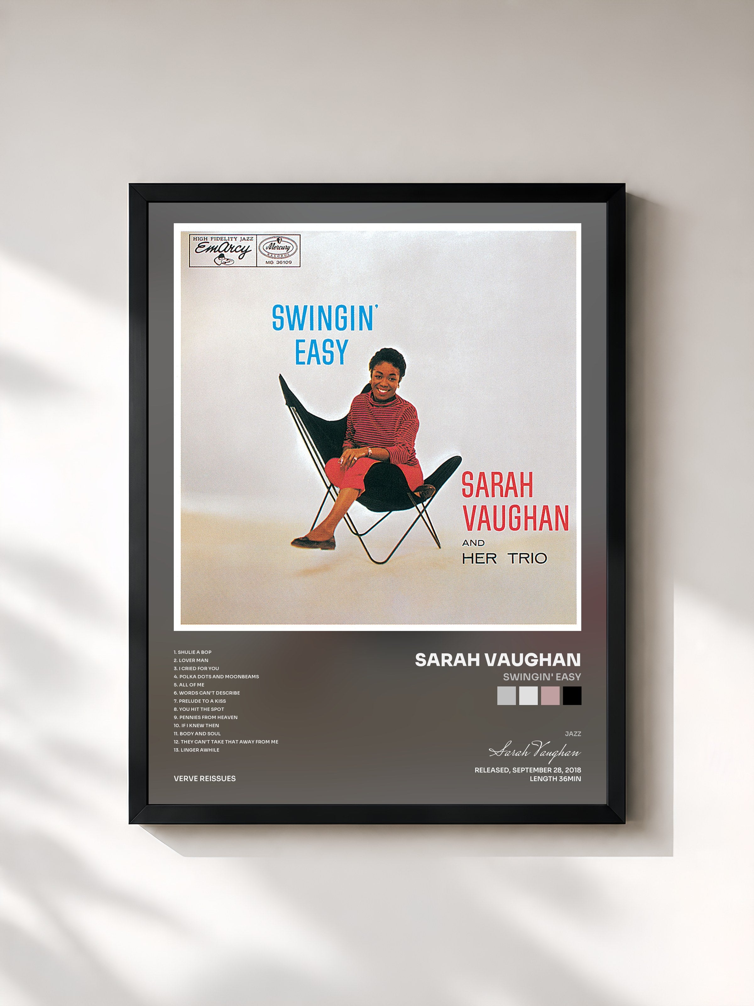 #noir Tableau de l'album Swingin' Easy de Sarah Vaughan, cadre noir, imprimé et encadré en France