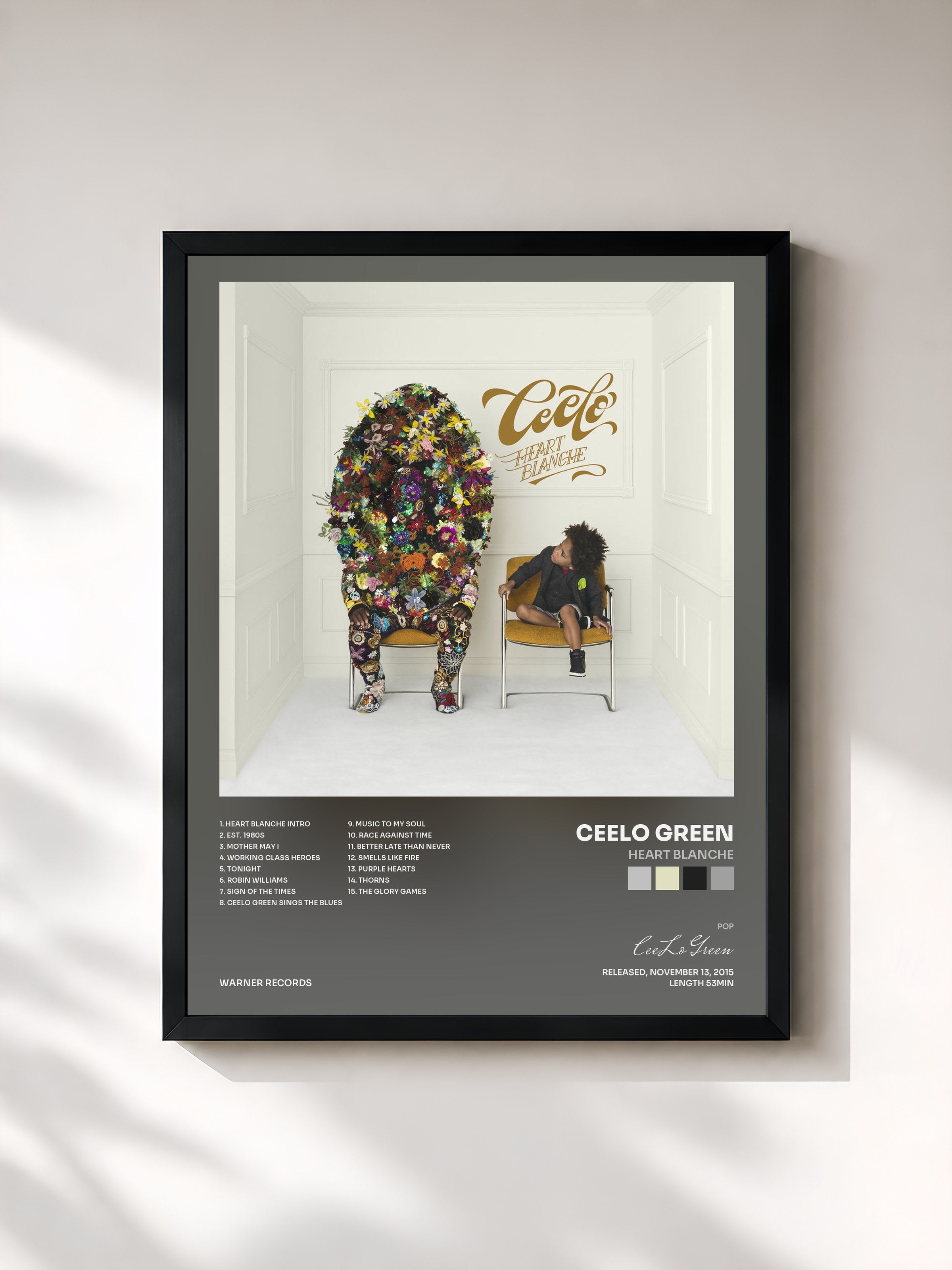 #noir Tableau de l'album Heart Blanche de CeeLo Green, cadre noir, imprimé et encadré en France