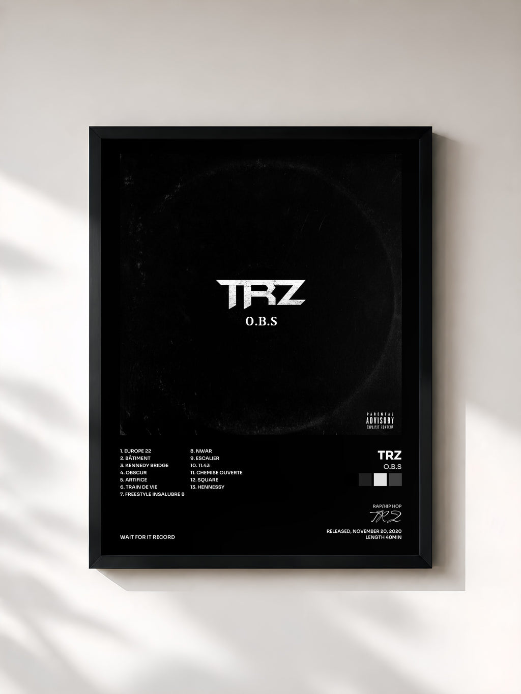 #noir Tableau de l'album O.B.S de TRZ, cadre noir, imprimé et encadré en France