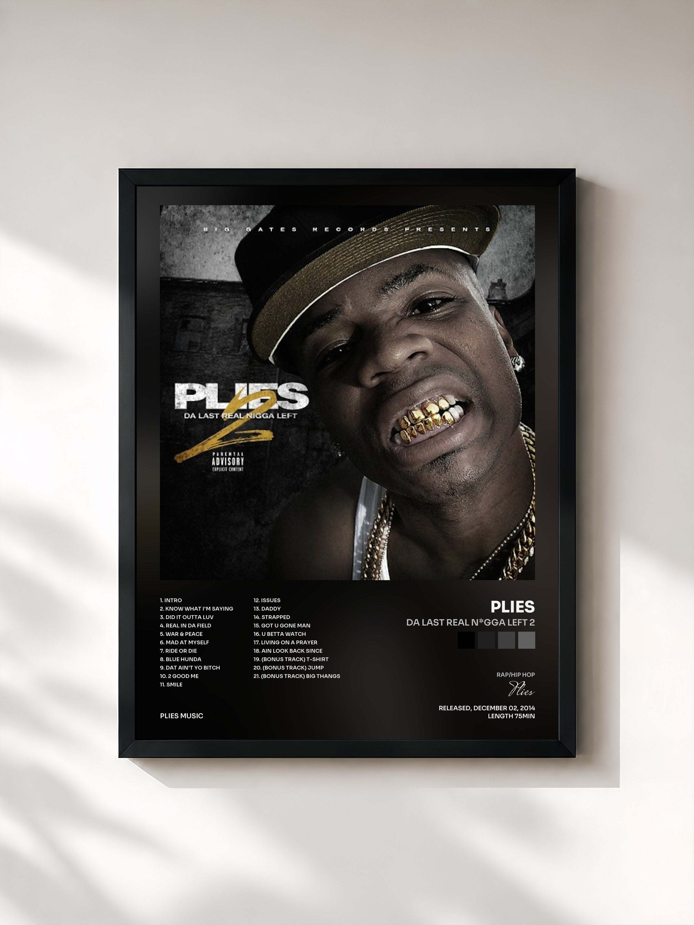 #noir Tableau de l'album Da Last Real N*gga Left 2 de Plies, cadre noir, imprimé et encadré en France