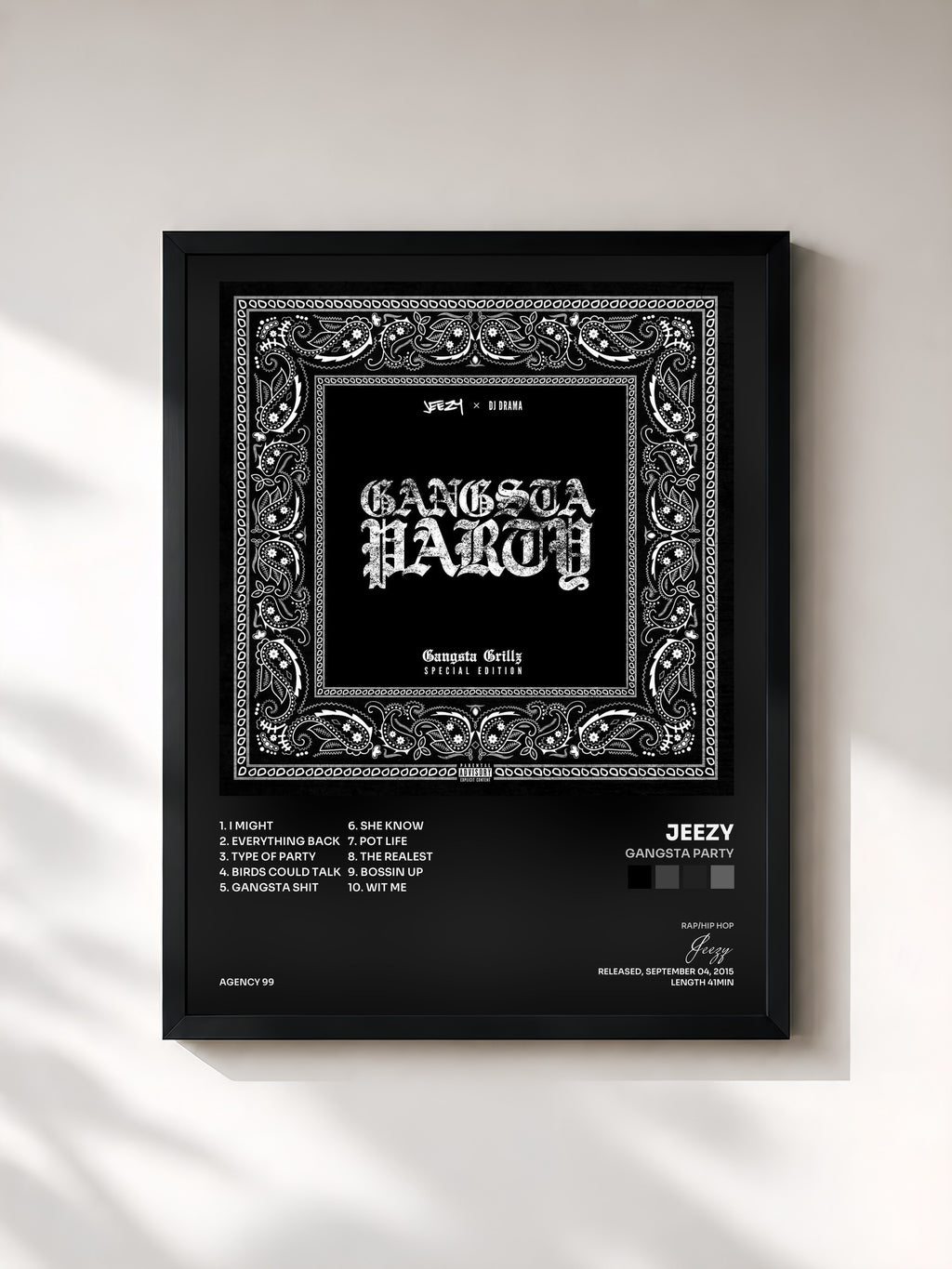 #noir Tableau de l'album Gangsta Party de Jeezy, cadre noir, imprimé et encadré en France