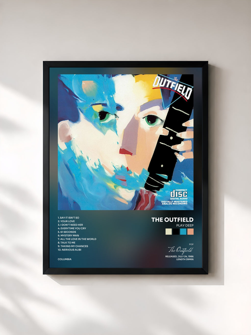 #noir Tableau de l'album Play Deep de The Outfield, cadre noir, imprimé et encadré en France