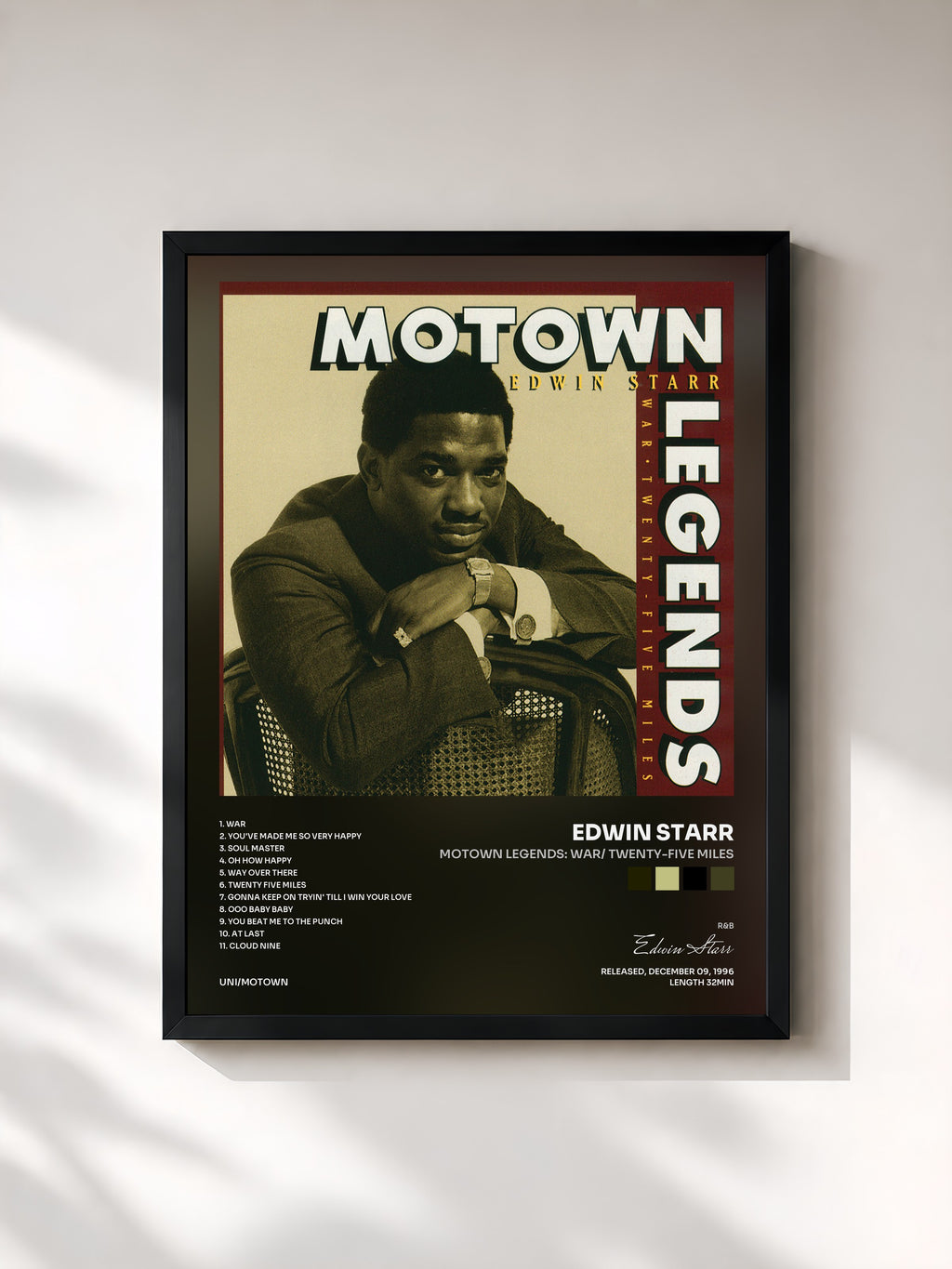 #noir Tableau de l'album Motown Legends: War/ Twenty-five Miles de Edwin Starr, cadre noir, imprimé et encadré en France