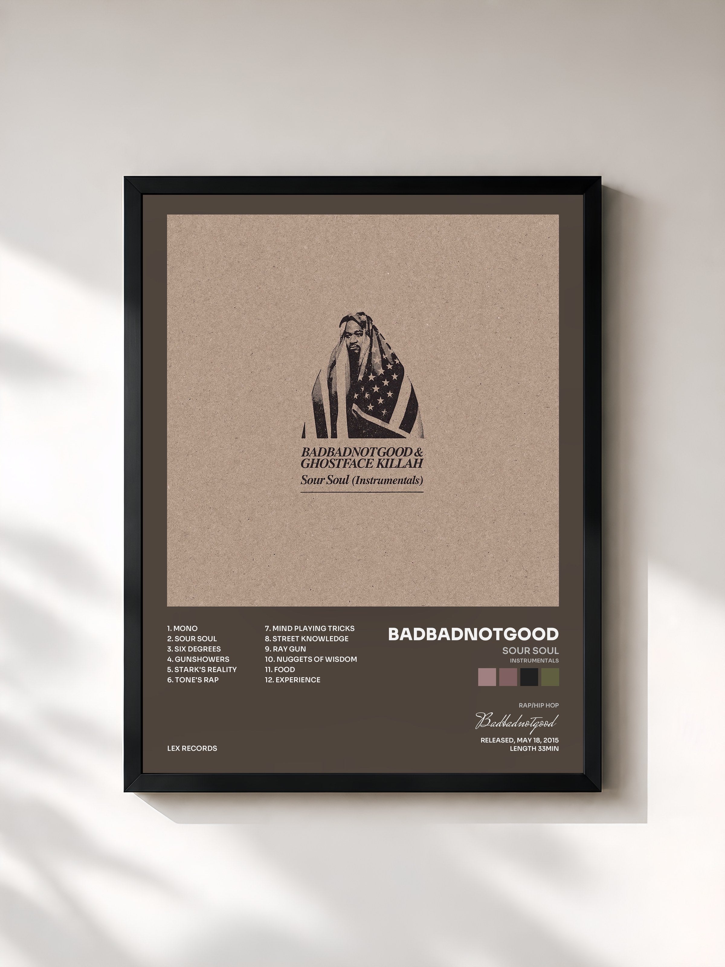 #noir Tableau de l'album Sour Soul (Instrumentals) de Badbadnotgood, cadre noir, imprimé et encadré en France