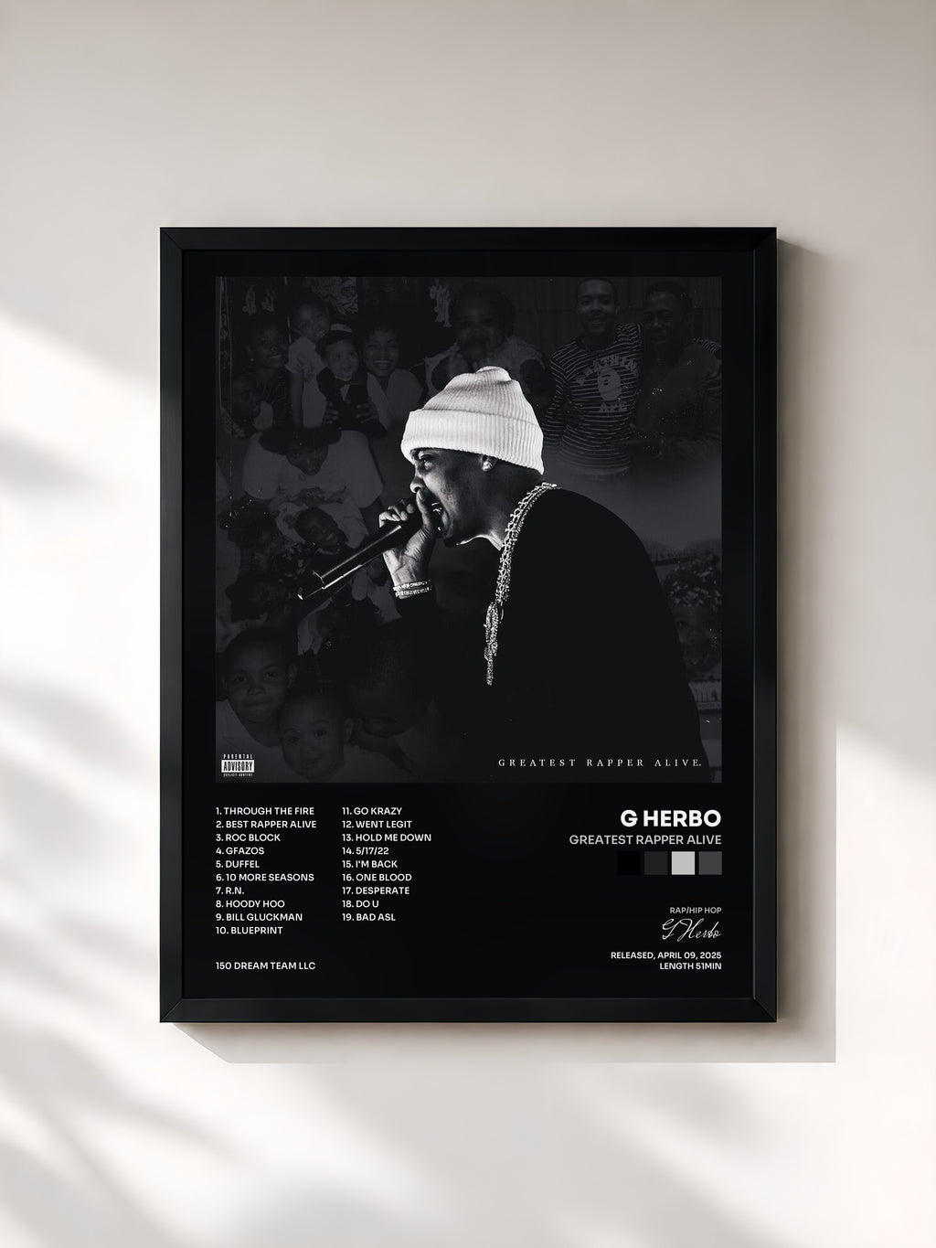 #noir Tableau de l'album Greatest Rapper Alive de G Herbo, cadre noir, imprimé et encadré en France