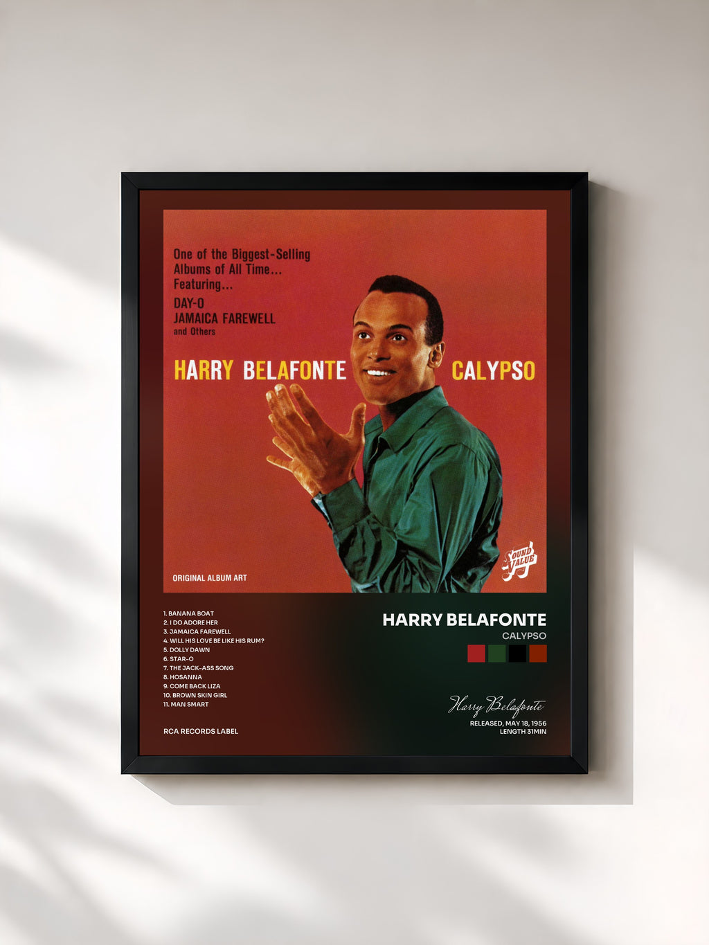 #noir Tableau de l'album Calypso de Harry Belafonte, cadre noir, imprimé et encadré en France