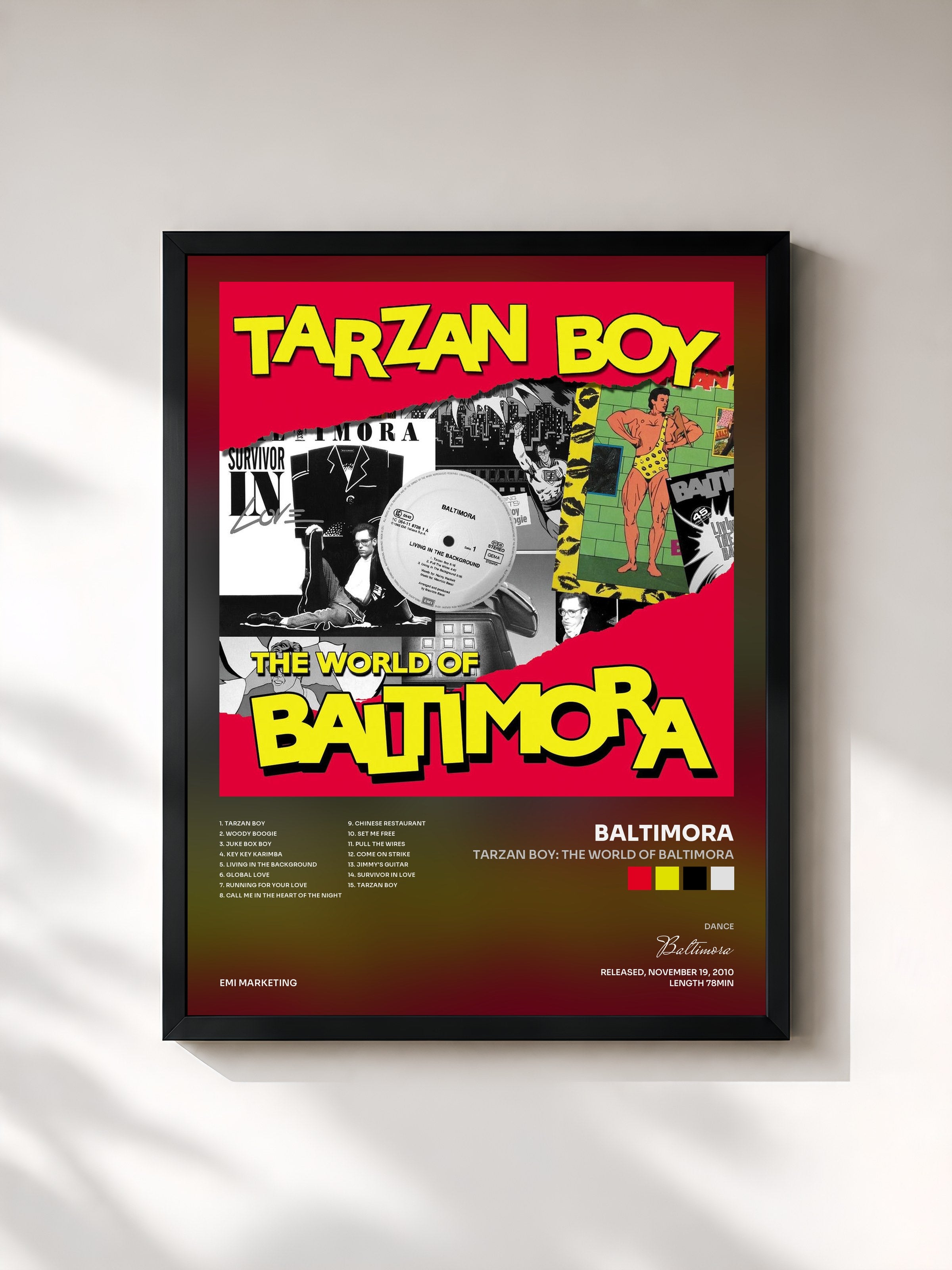 #noir Tableau de l'album Tarzan Boy: The World Of Baltimora de Baltimora, cadre noir, imprimé et encadré en France