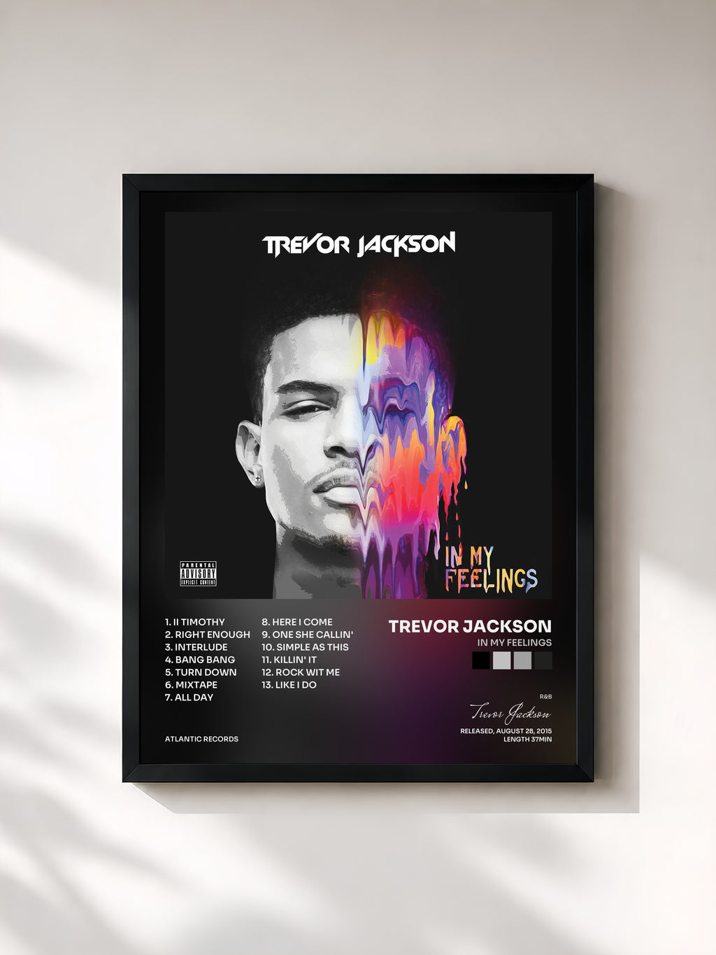 #noir Tableau de l'album In My Feelings de Trevor Jackson, cadre noir, imprimé et encadré en France