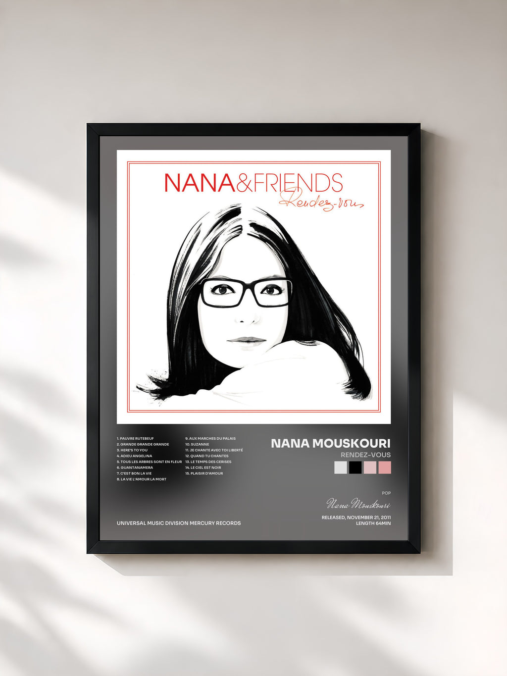 #noir Tableau de l'album Rendez-Vous de Nana Mouskouri, cadre noir, imprimé et encadré en France