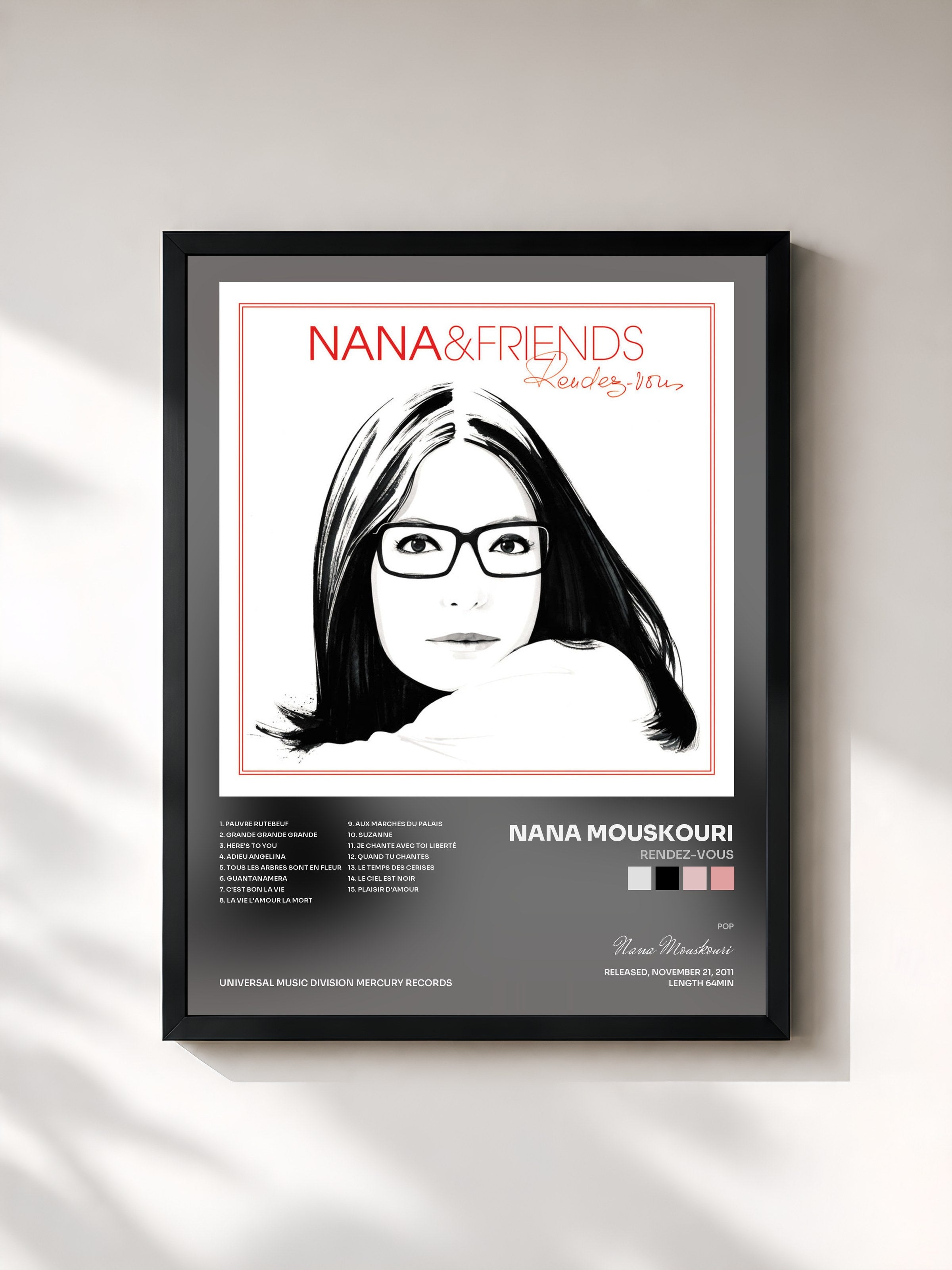 #noir Tableau de l'album Rendez-Vous de Nana Mouskouri, cadre noir, imprimé et encadré en France