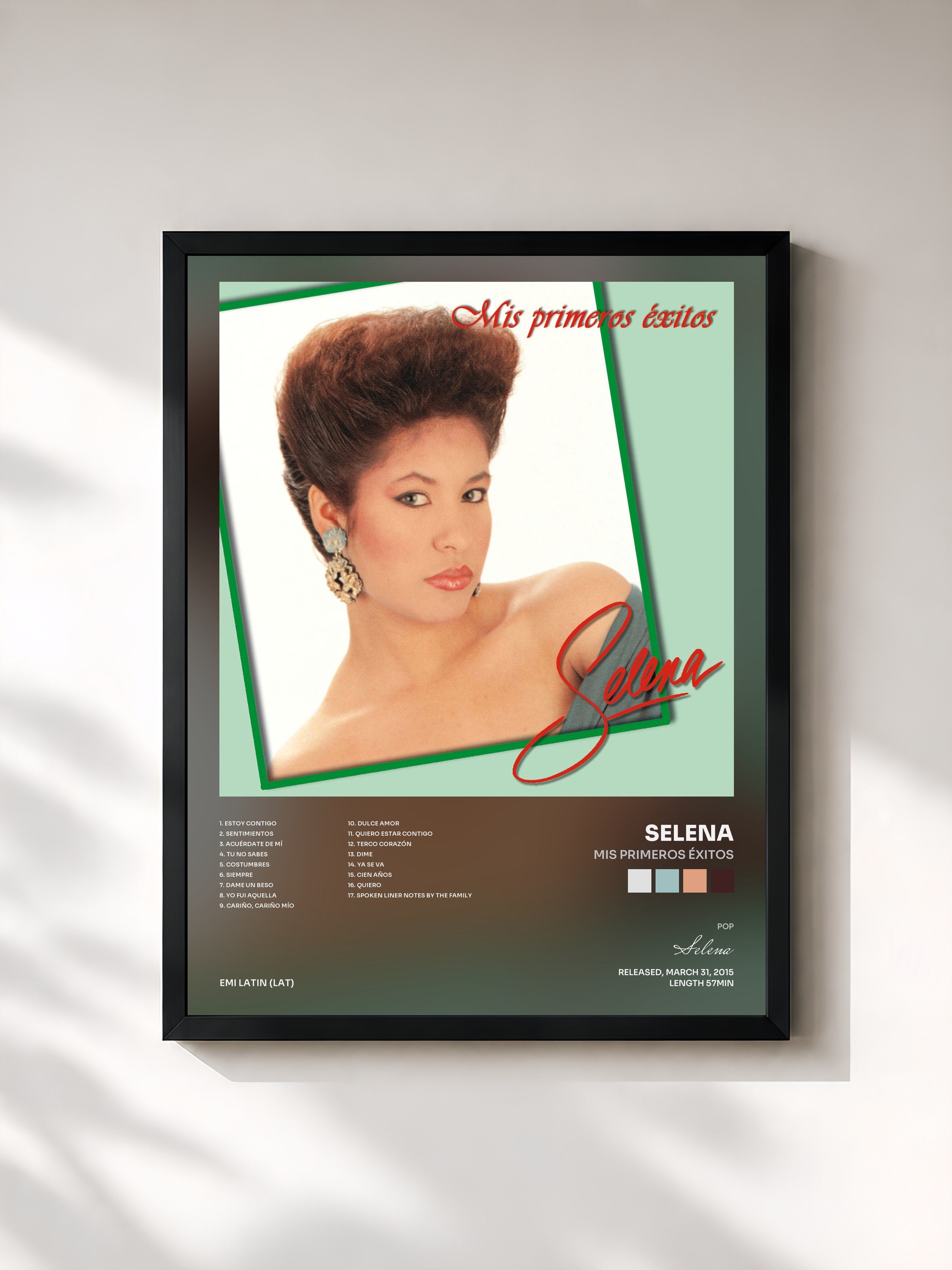 #noir Tableau de l'album Mis Primeros Éxitos de Selena, cadre noir, imprimé et encadré en France