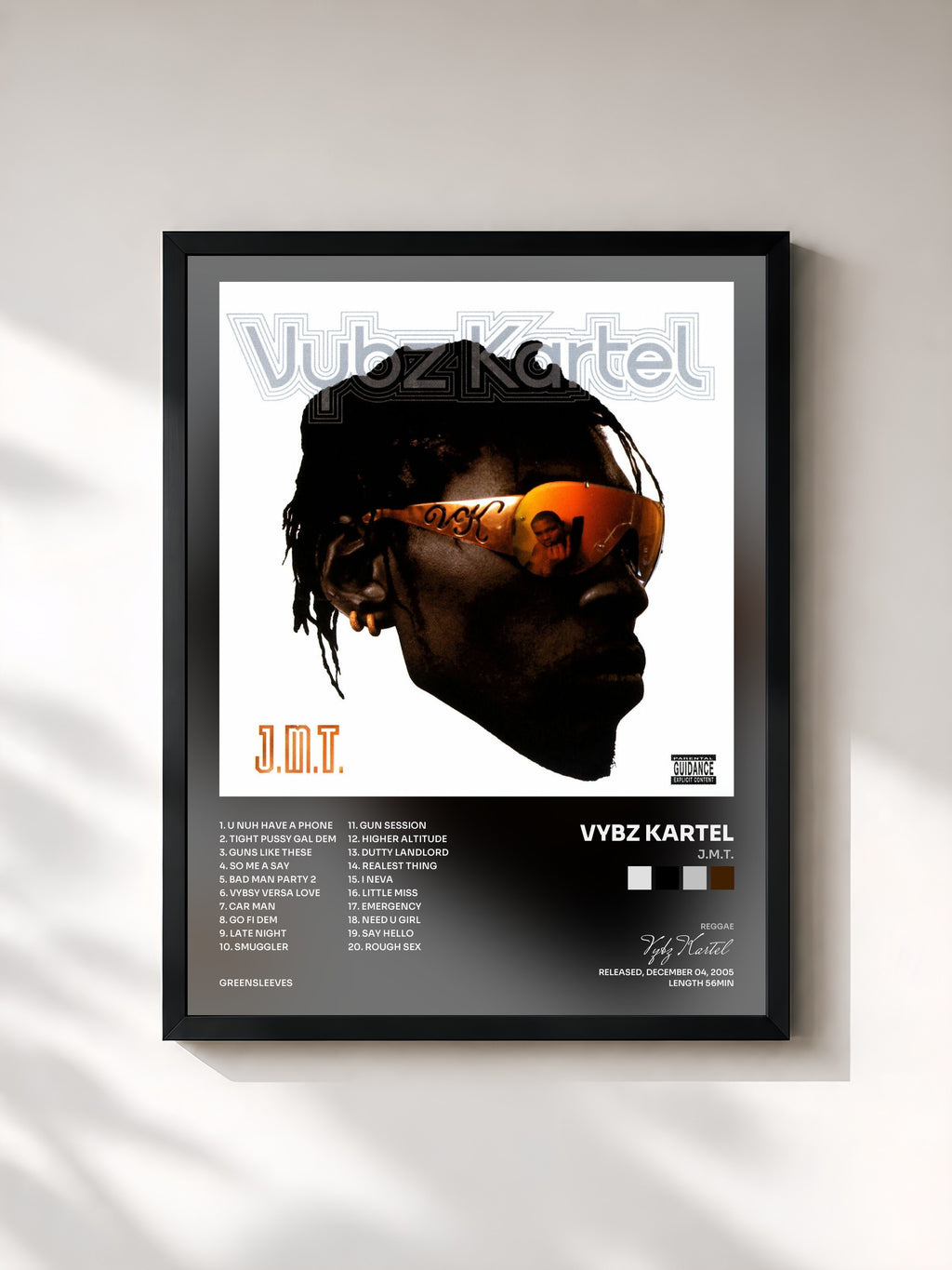 #noir Tableau de l'album J.M.T. de Vybz Kartel, cadre noir, imprimé et encadré en France