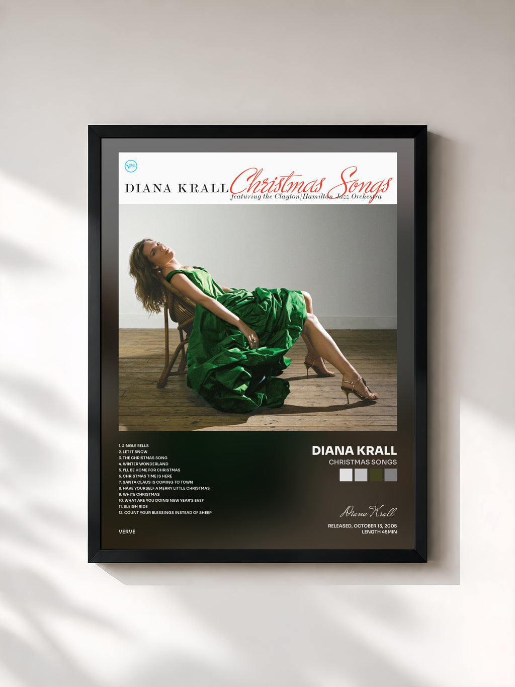 #noir Tableau de l'album Christmas Songs de Diana Krall, cadre noir, imprimé et encadré en France
