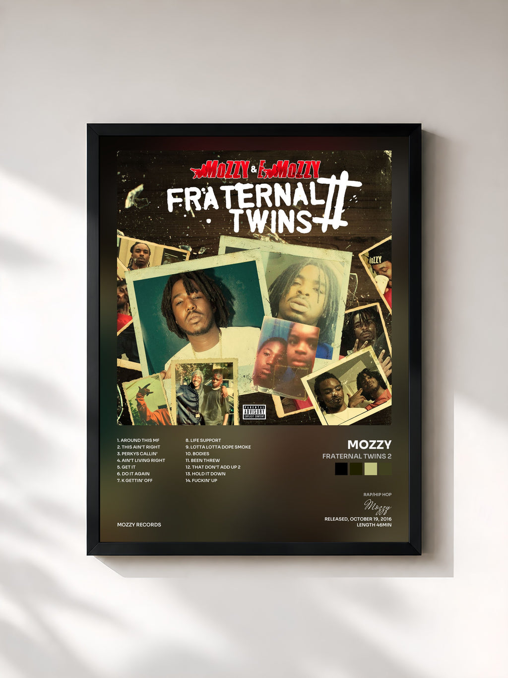 #noir Tableau de l'album Fraternal Twins 2 de Mozzy, cadre noir, imprimé et encadré en France