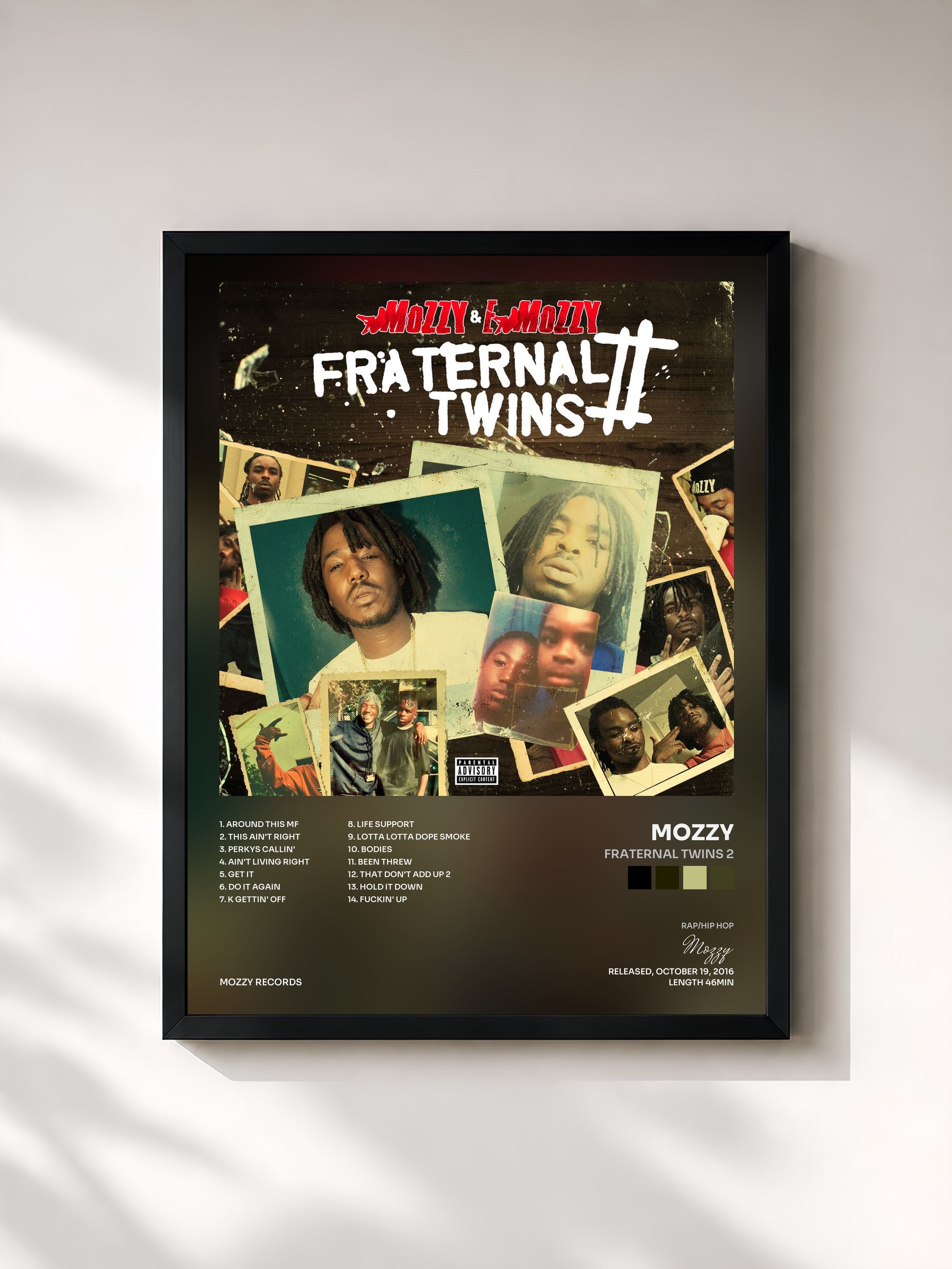 #noir Tableau de l'album Fraternal Twins 2 de Mozzy, cadre noir, imprimé et encadré en France