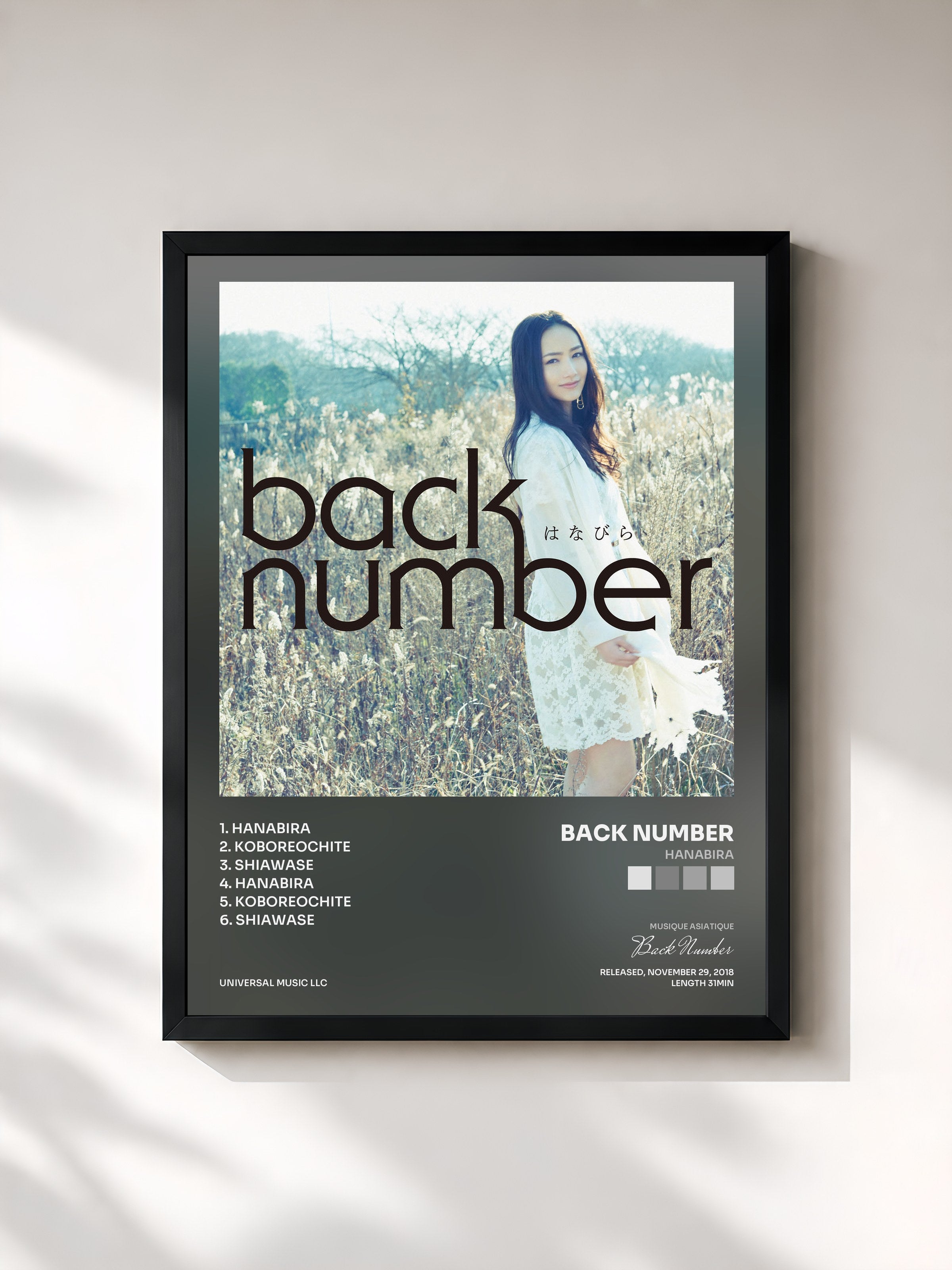 #noir Tableau de l'album Hanabira de Back Number, cadre noir, imprimé et encadré en France