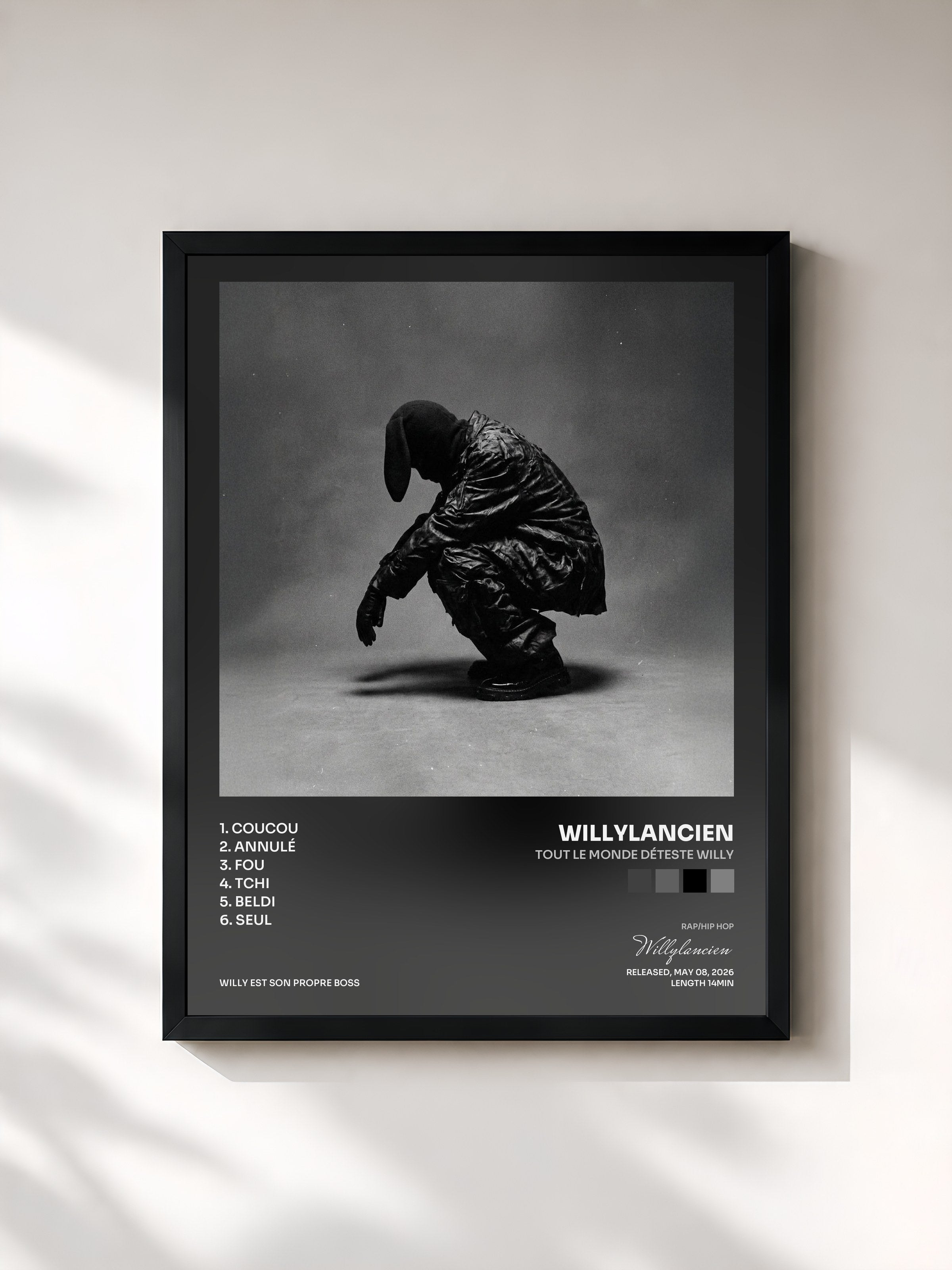 #noir Tableau de l'album tout le monde déteste willy de Willylancien, cadre noir, imprimé et encadré en France