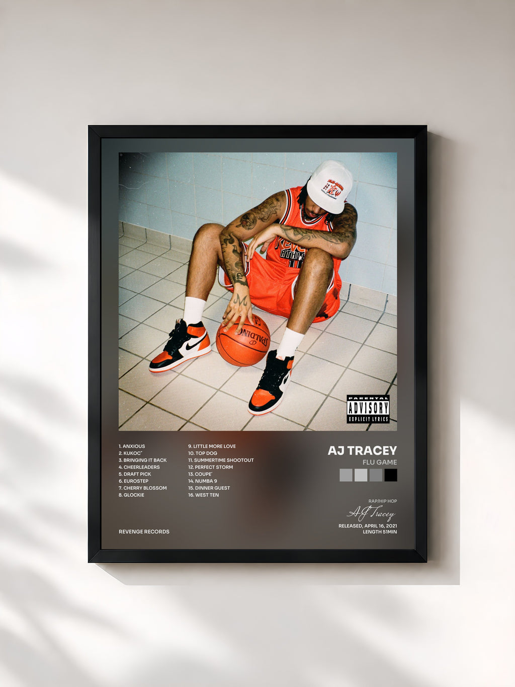 #noir Tableau de l'album Flu Game de AJ Tracey, cadre noir, imprimé et encadré en France