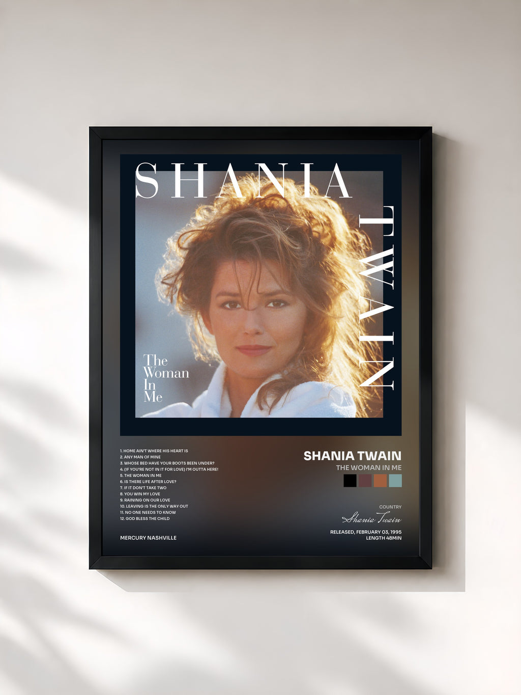 #noir Tableau de l'album The Woman In Me de Shania Twain, cadre noir, imprimé et encadré en France