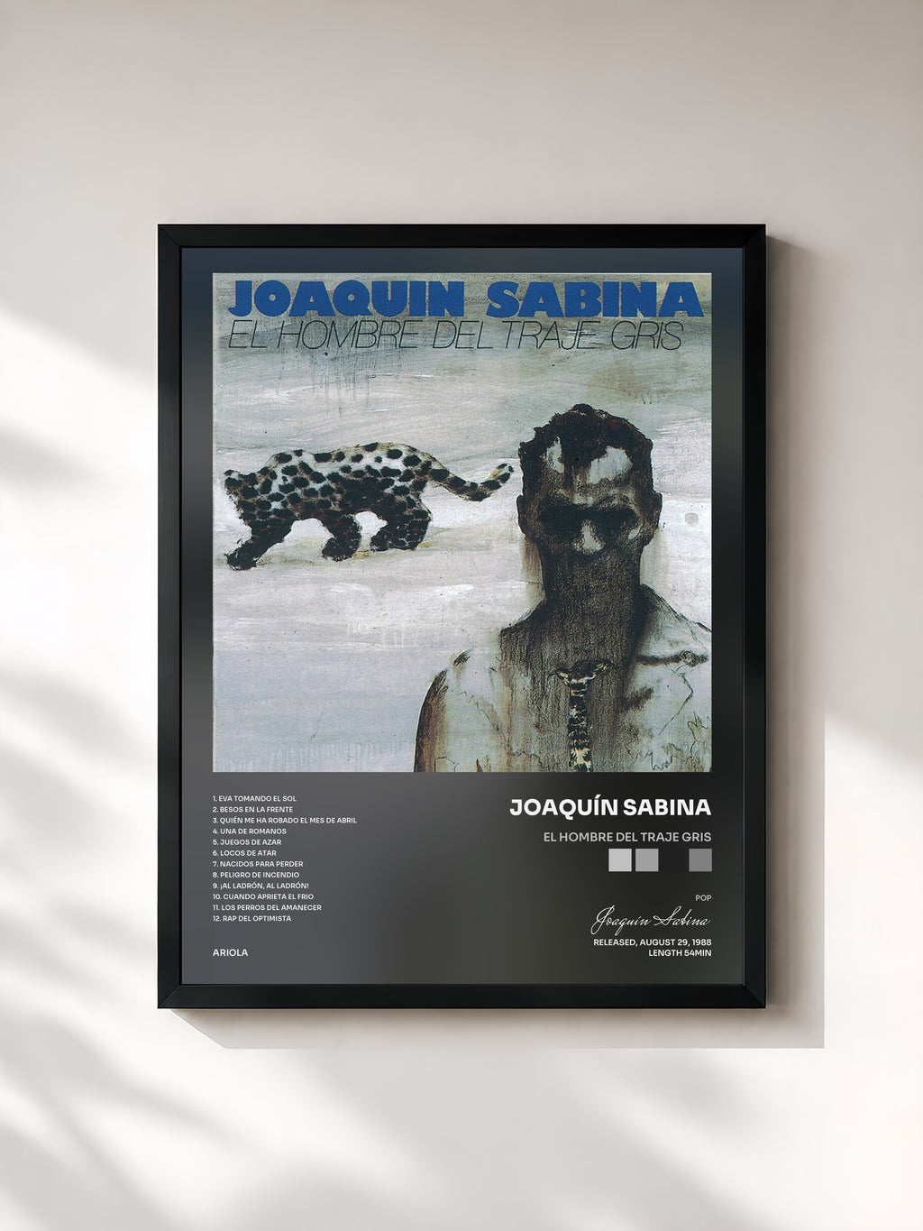 #noir Tableau de l'album El Hombre Del Traje Gris de Joaquín Sabina, cadre noir, imprimé et encadré en France