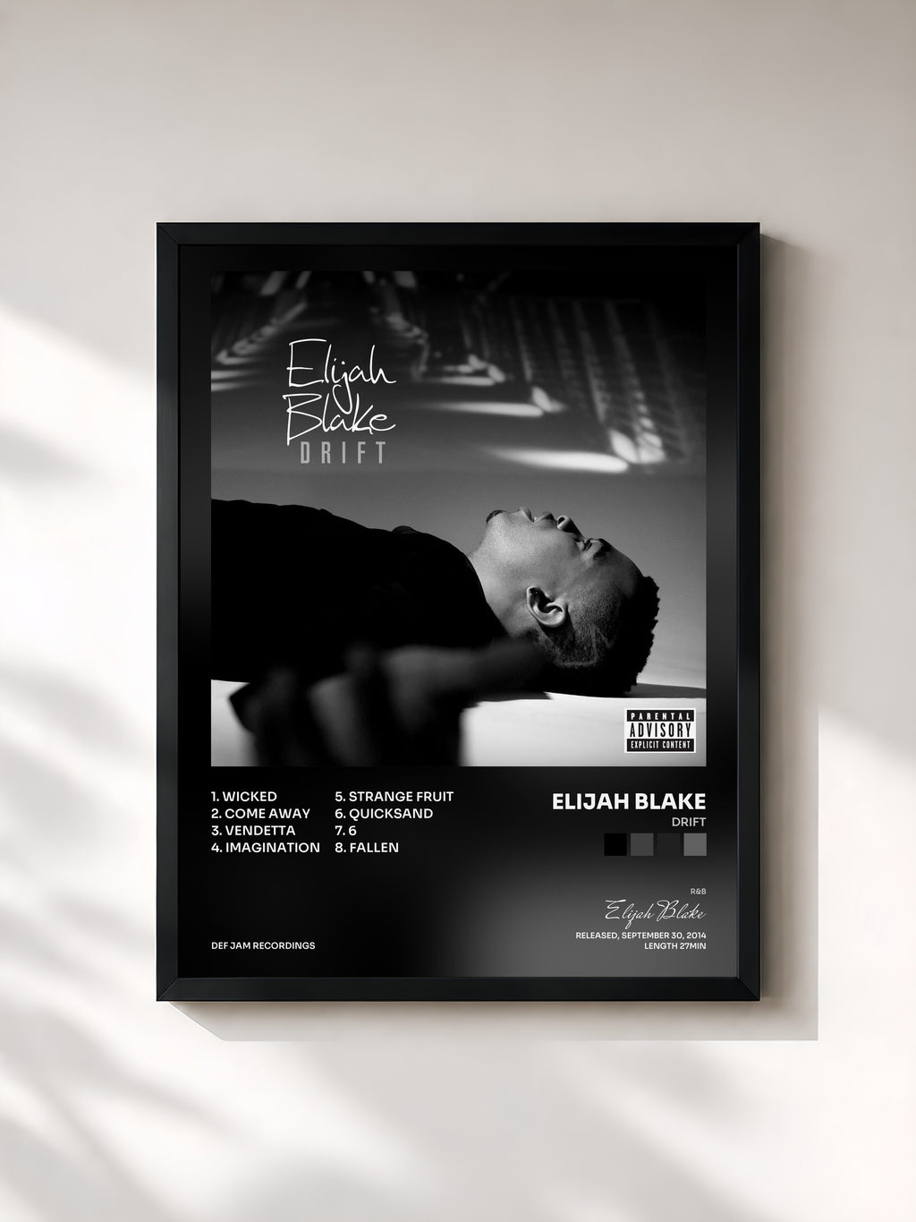 #noir Tableau de l'album Drift de Elijah Blake, cadre noir, imprimé et encadré en France